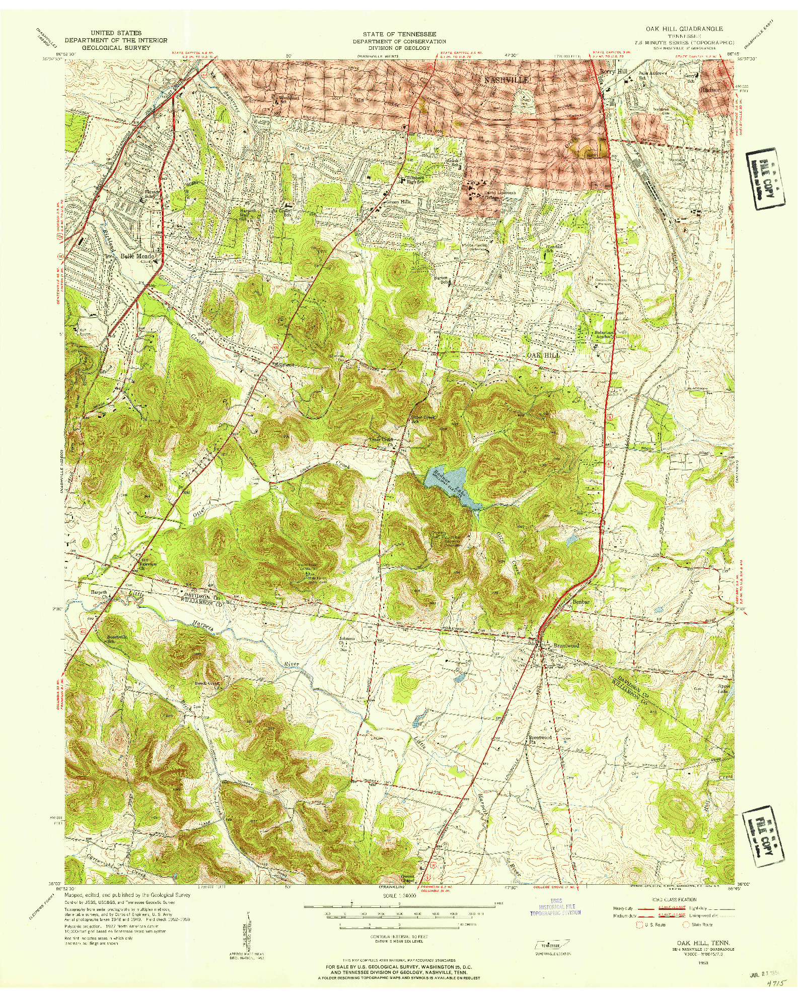 USGS 1:24000-SCALE QUADRANGLE FOR OAK HILL, TN 1953