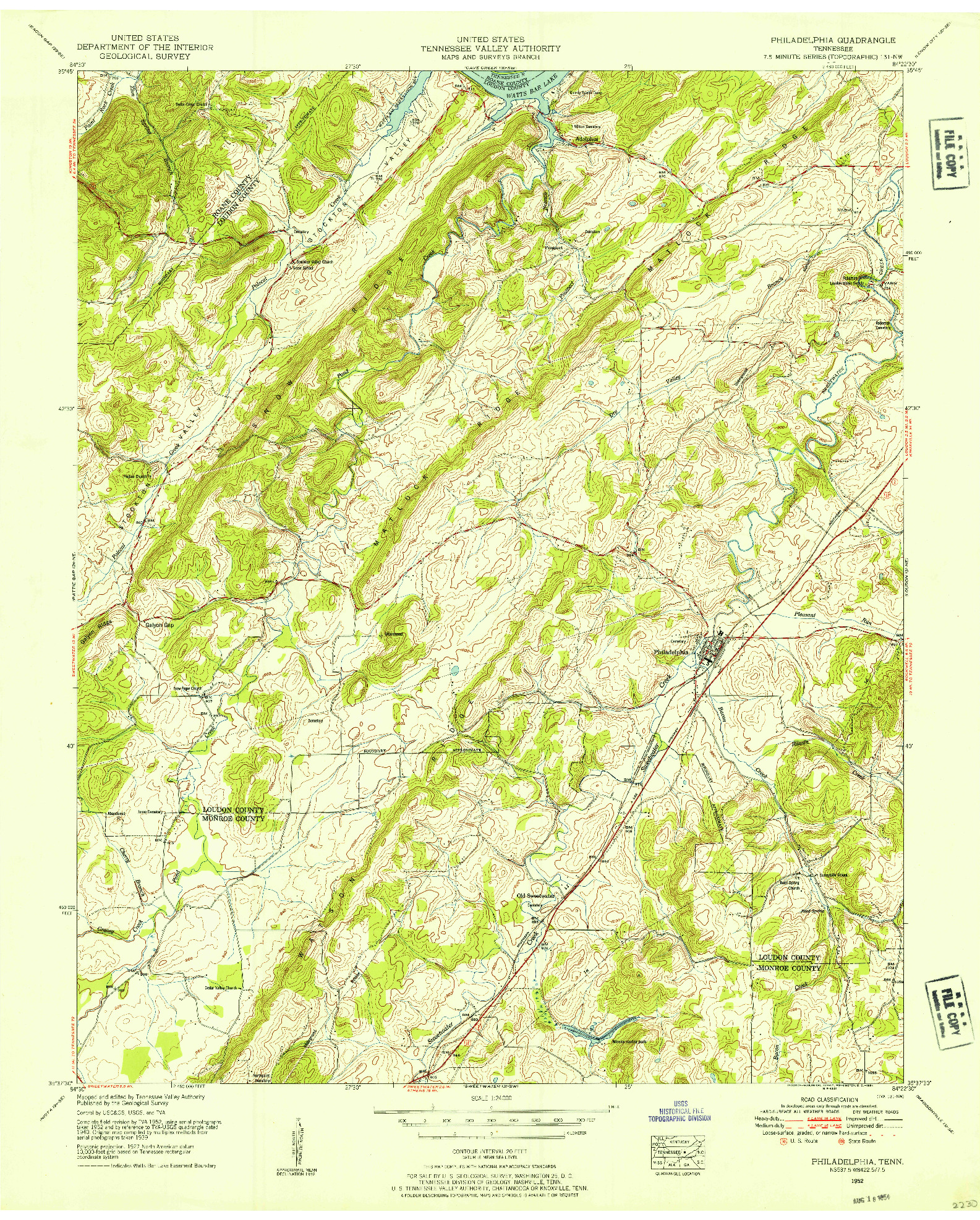 USGS 1:24000-SCALE QUADRANGLE FOR PHILADELPHIA, TN 1952