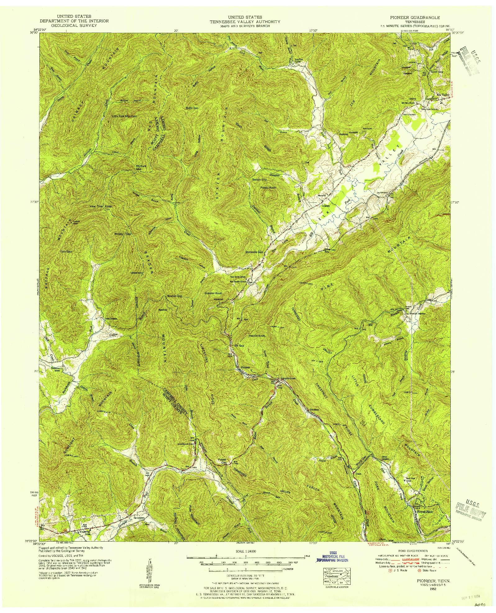 USGS 1:24000-SCALE QUADRANGLE FOR PIONEER, TN 1952