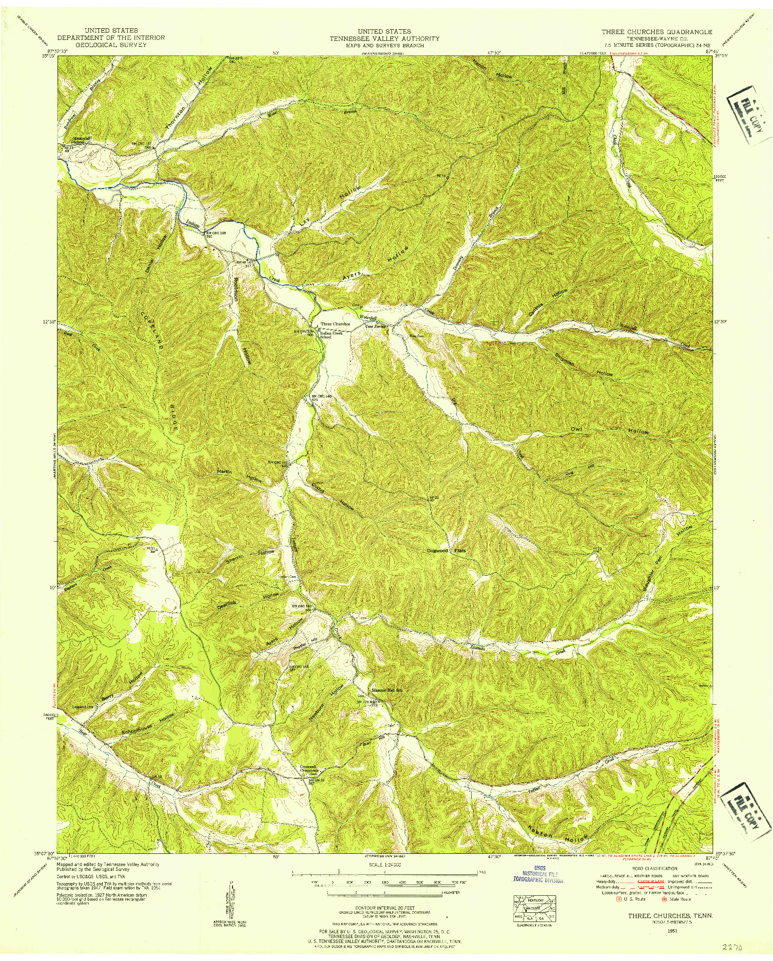 USGS 1:24000-SCALE QUADRANGLE FOR THREE CHURCHES, TN 1951