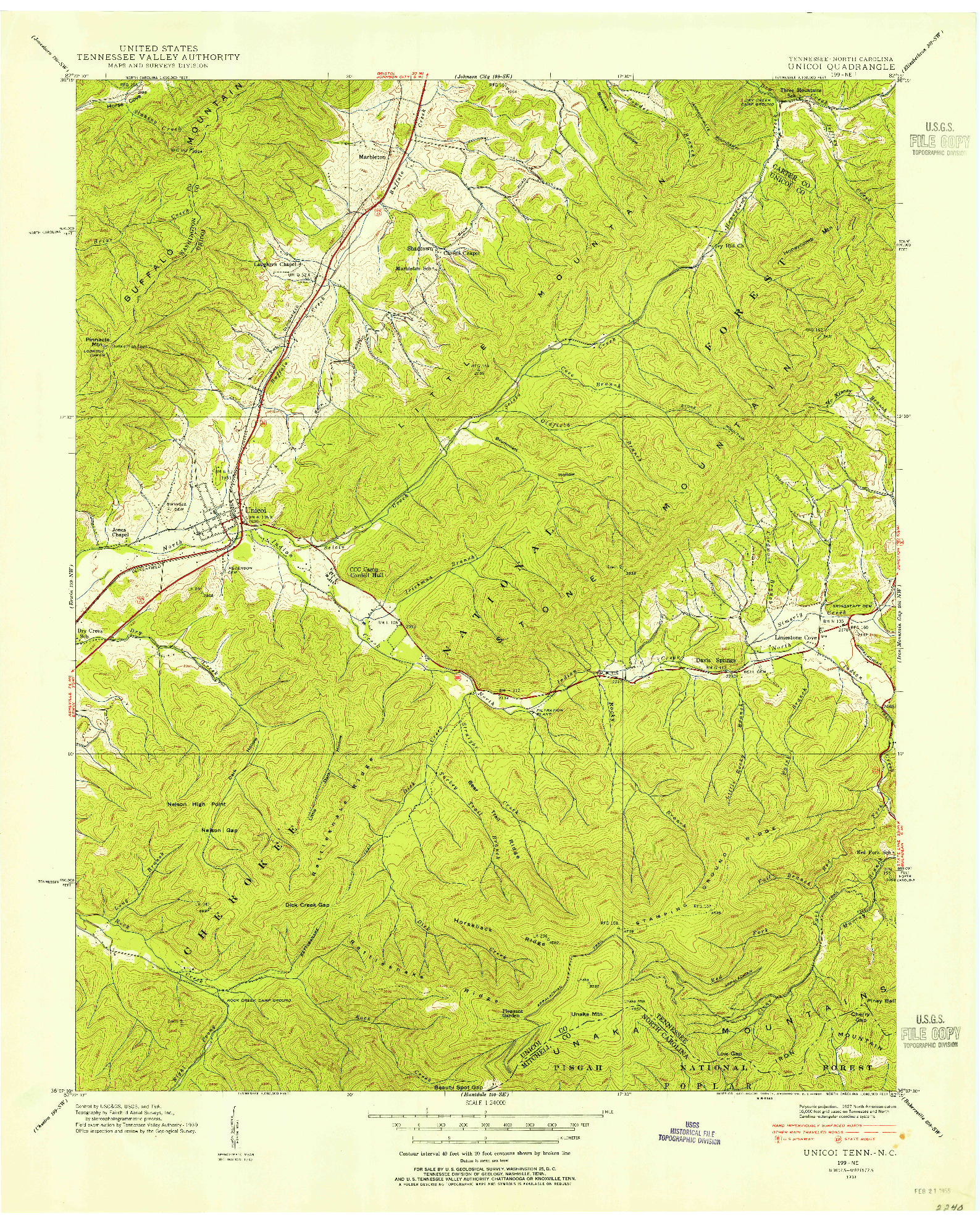 USGS 1:24000-SCALE QUADRANGLE FOR UNICOI, TN 1939