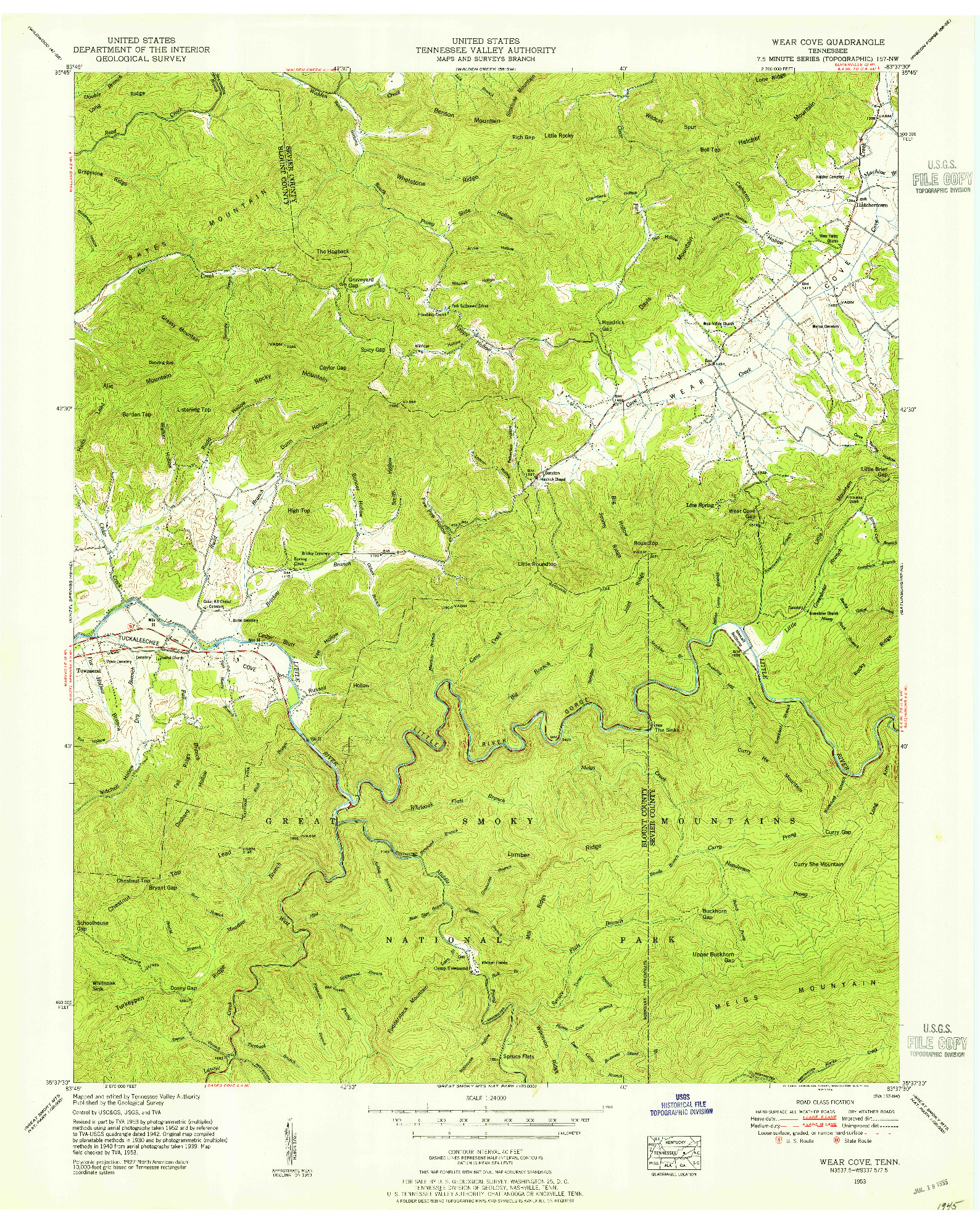 USGS 1:24000-SCALE QUADRANGLE FOR WEAR COVE, TN 1953