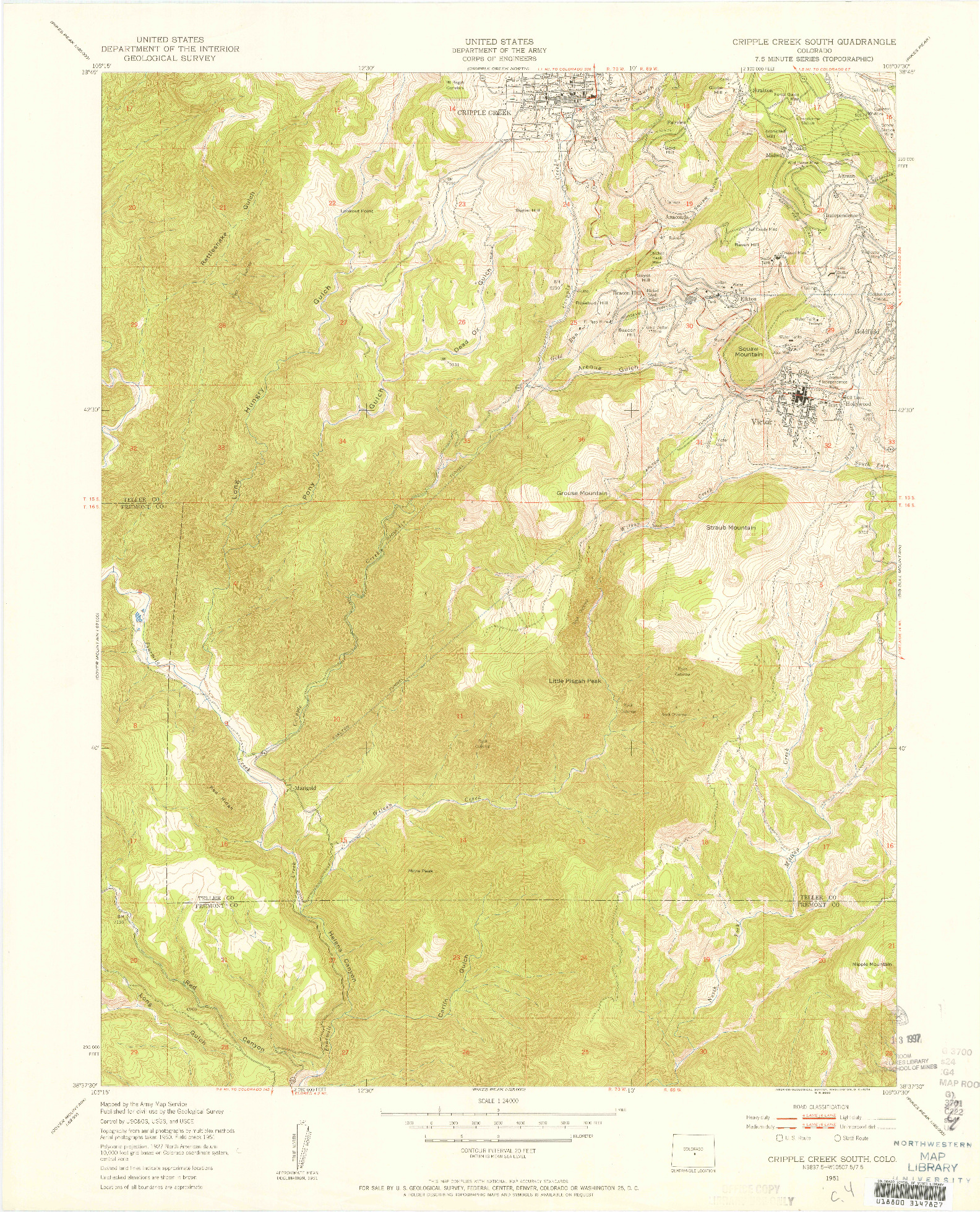 USGS 1:24000-SCALE QUADRANGLE FOR CRIPPLE CREEK SOUTH, CO 1951