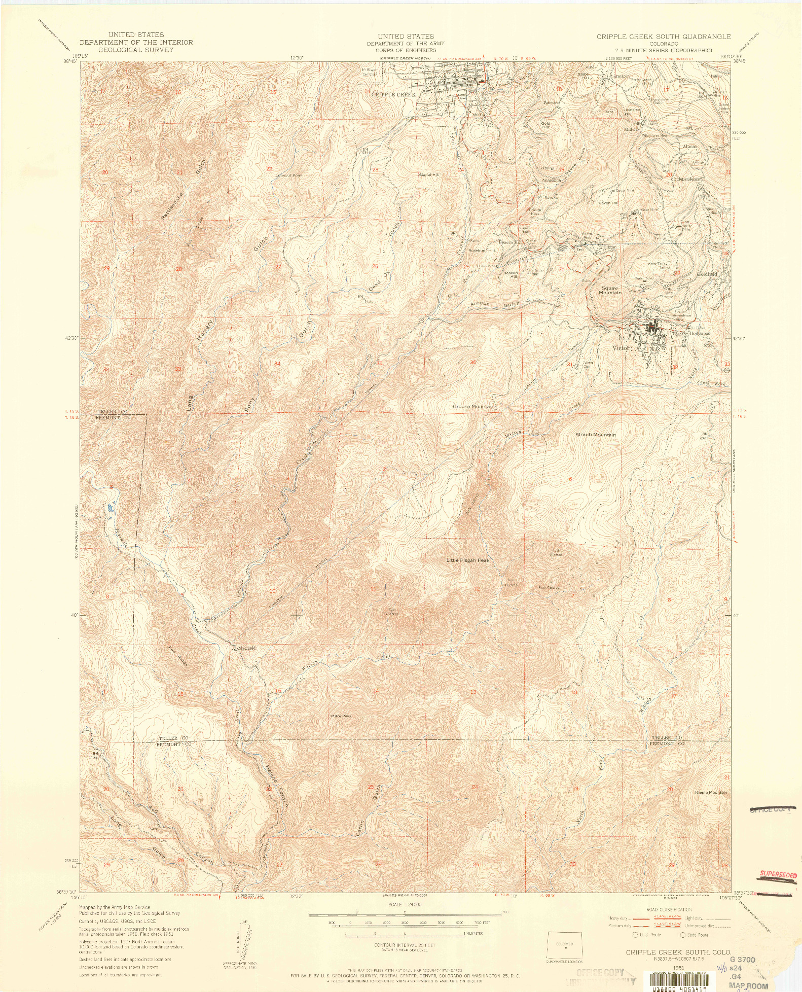 USGS 1:24000-SCALE QUADRANGLE FOR CRIPPLE CREEK SOUTH, CO 1951