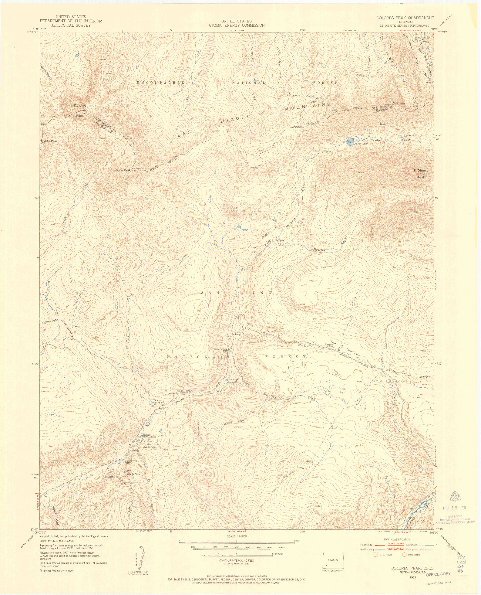 USGS 1:24000-SCALE QUADRANGLE FOR DOLORES PEAK, CO 1953