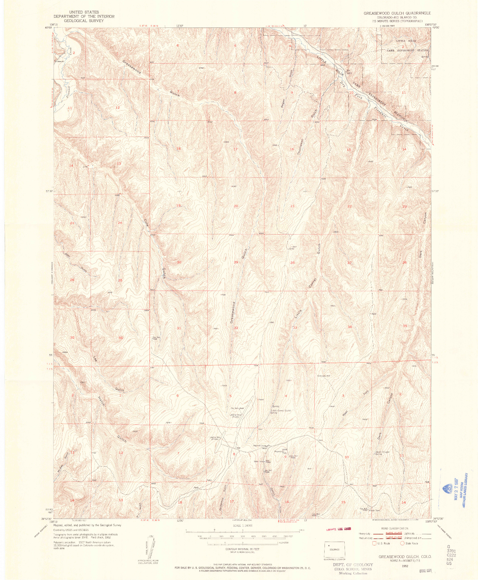USGS 1:24000-SCALE QUADRANGLE FOR GREASEWOOD GULCH, CO 1952