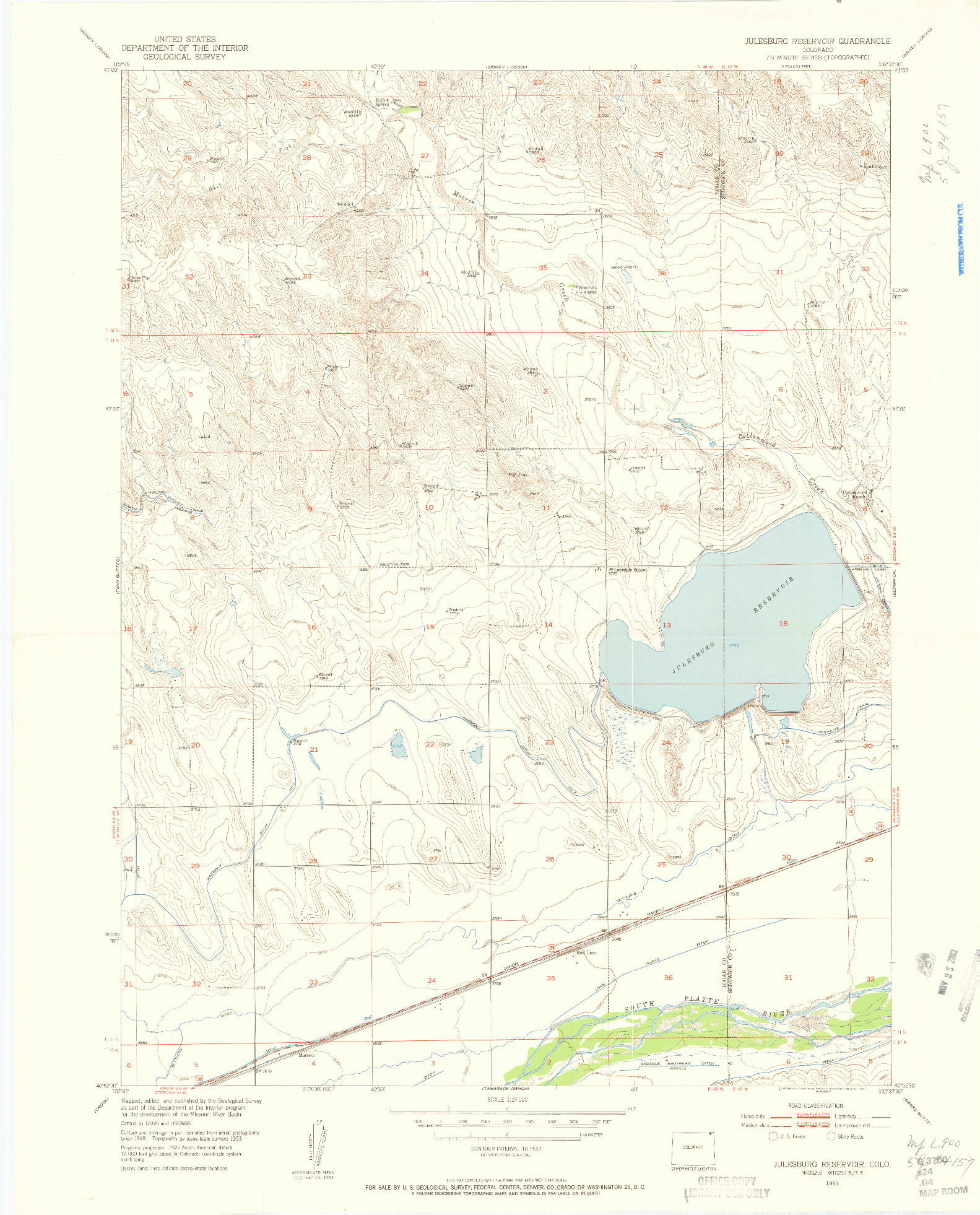 USGS 1:24000-SCALE QUADRANGLE FOR JULESBURG RESERVOIR, CO 1953
