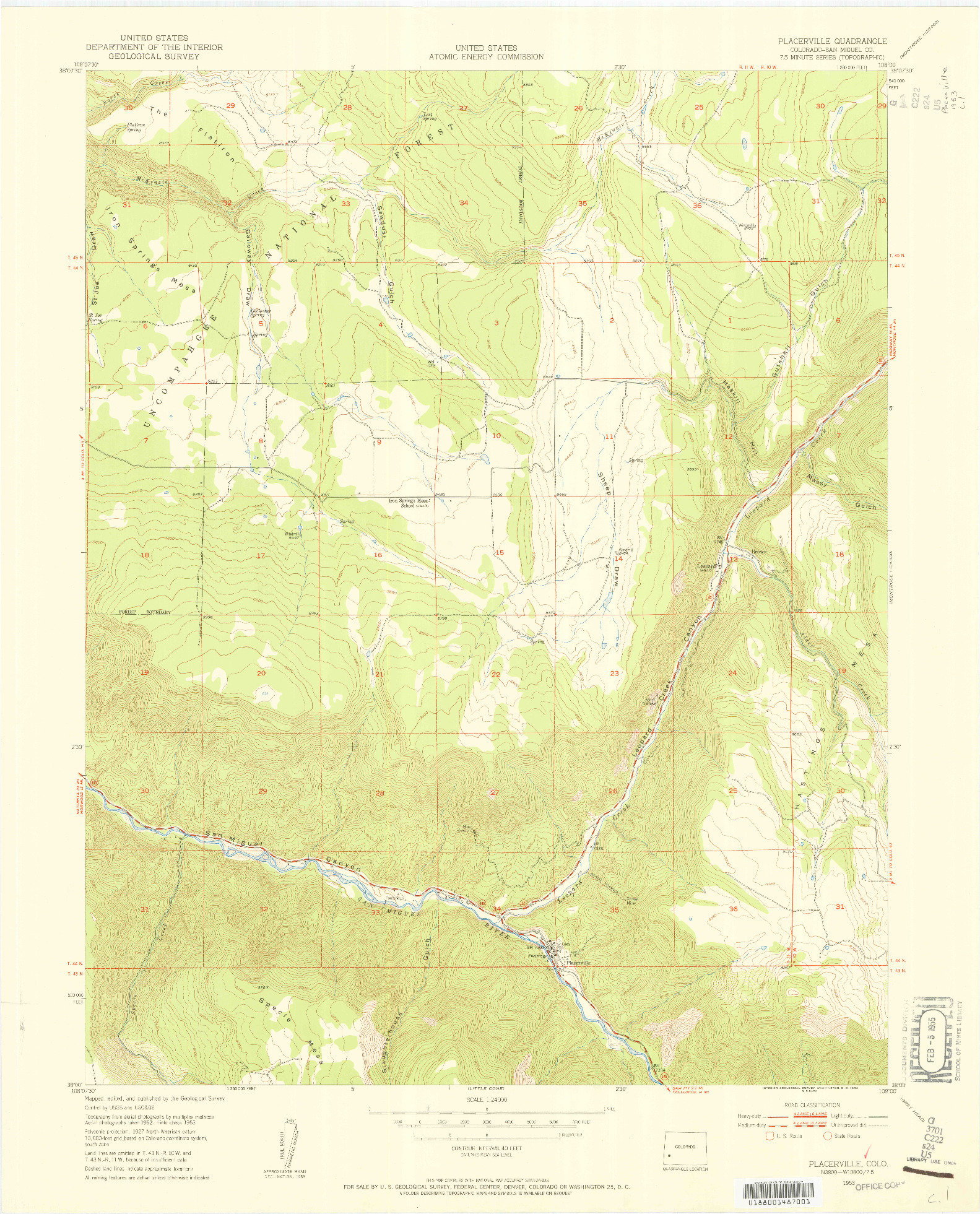 USGS 1:24000-SCALE QUADRANGLE FOR PLACERVILLE, CO 1953