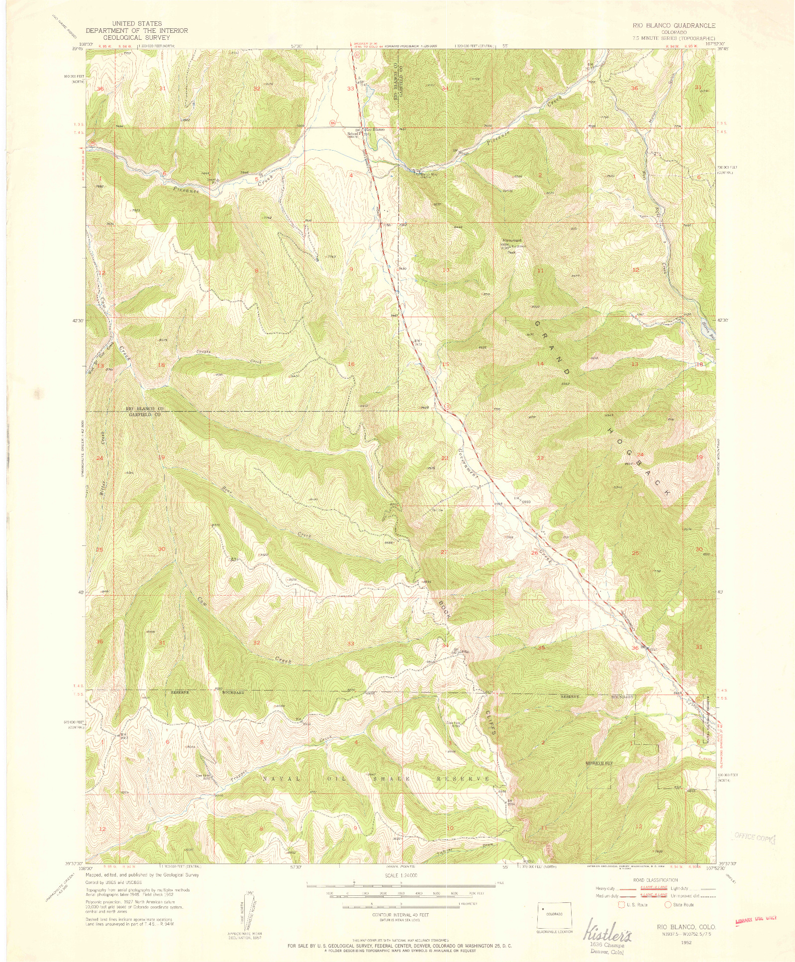 USGS 1:24000-SCALE QUADRANGLE FOR RIO BLANCO, CO 1952