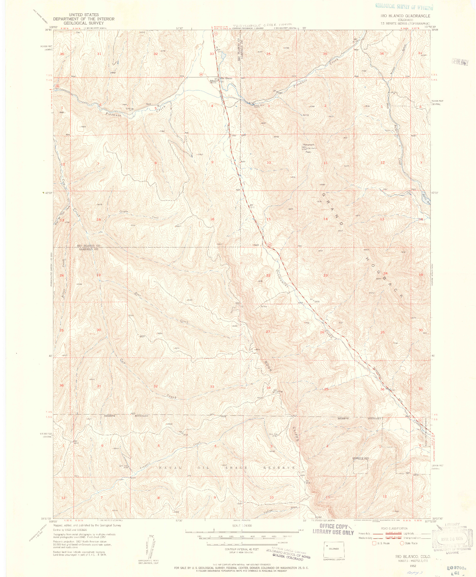 USGS 1:24000-SCALE QUADRANGLE FOR RIO BLANCO, CO 1952