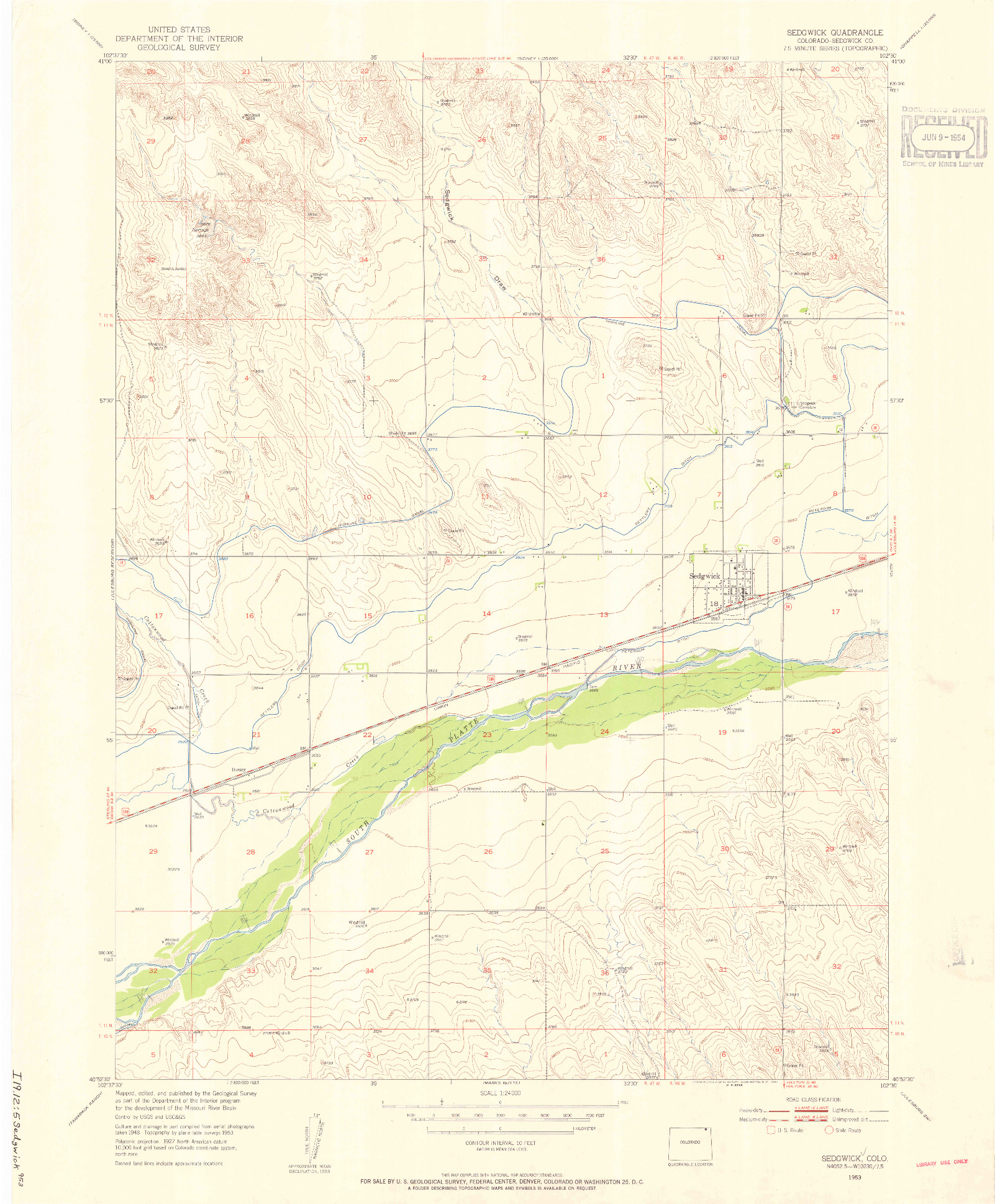 USGS 1:24000-SCALE QUADRANGLE FOR SEDGWICK, CO 1953