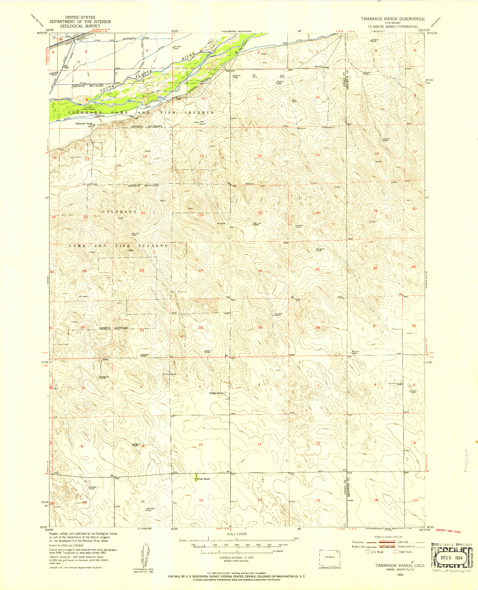 USGS 1:24000-SCALE QUADRANGLE FOR TAMARACK RANCH, CO 1953