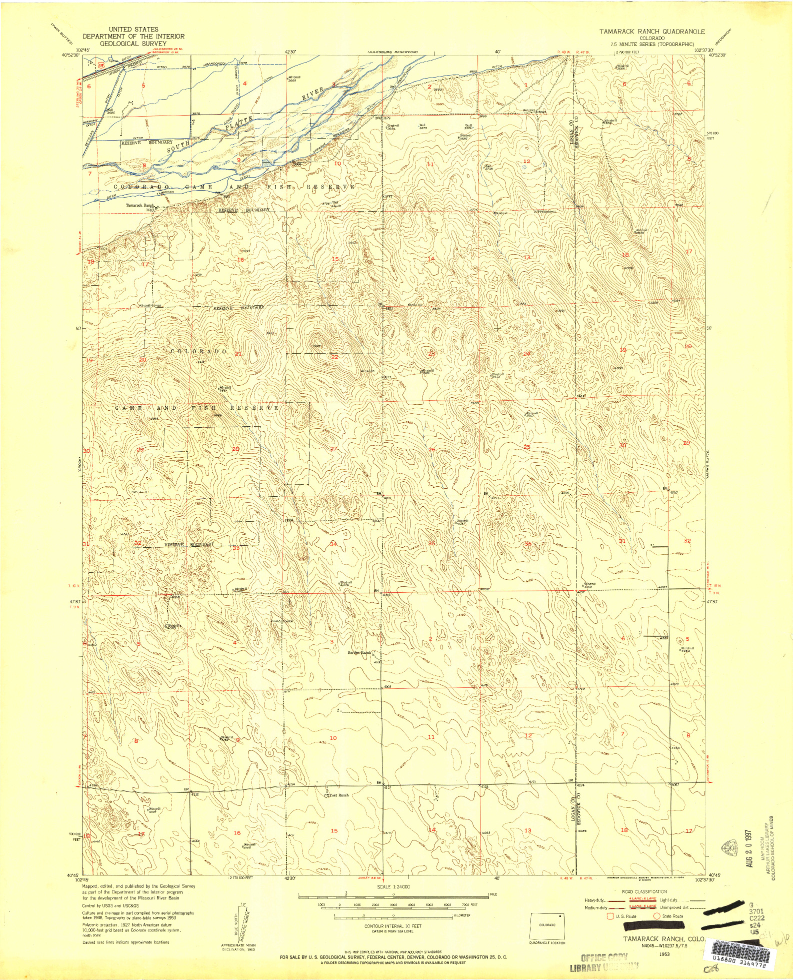 USGS 1:24000-SCALE QUADRANGLE FOR TAMARACK RANCH, CO 1953