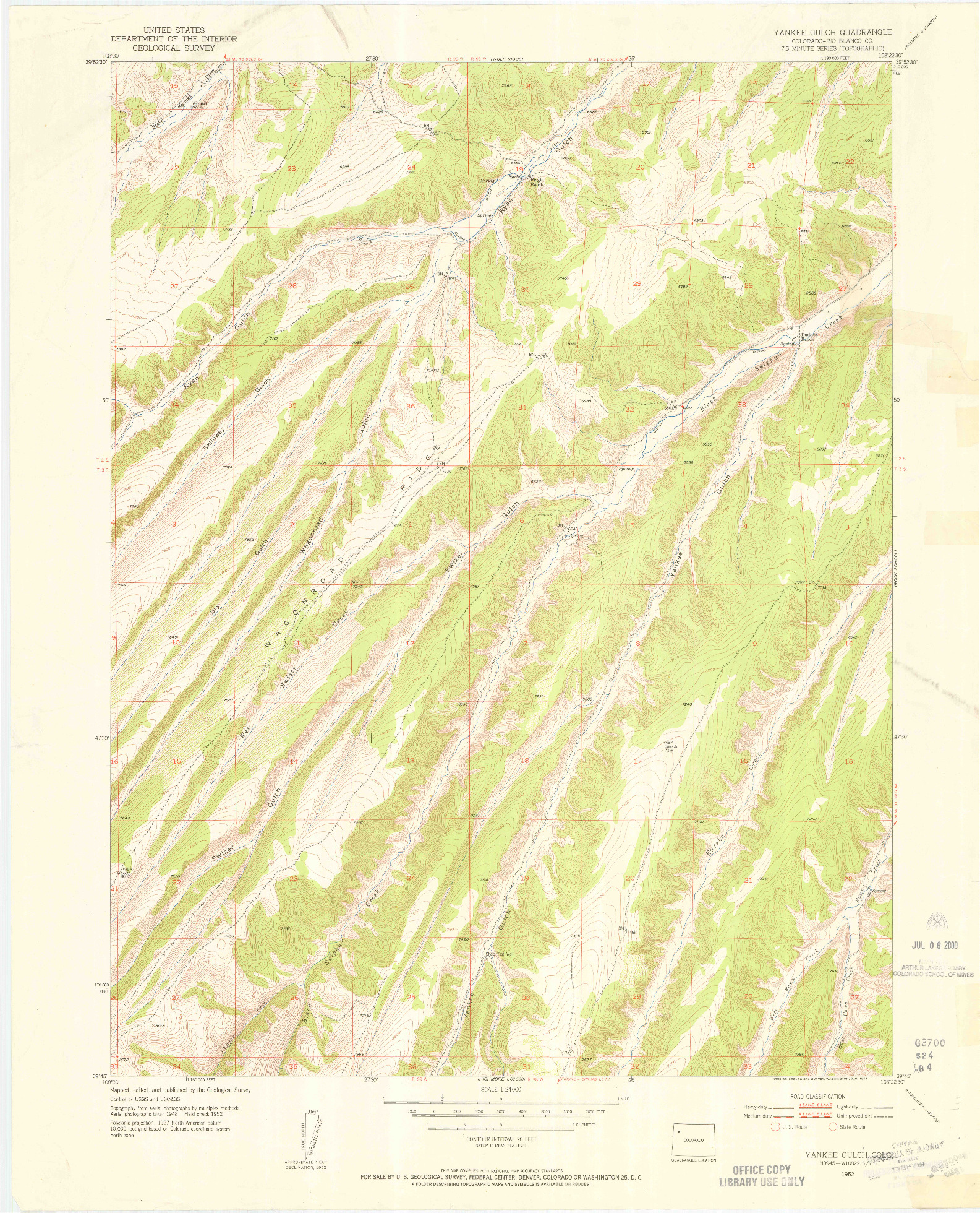 USGS 1:24000-SCALE QUADRANGLE FOR YANKEE GULCH, CO 1952