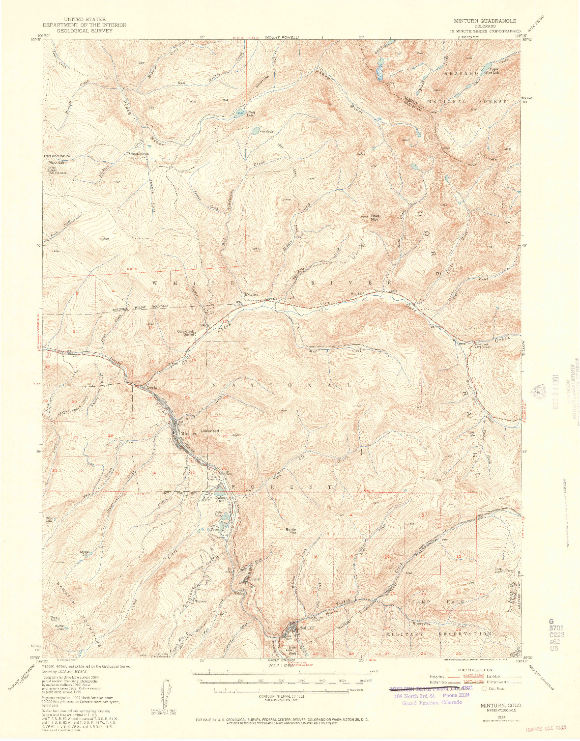 USGS 1:62500-SCALE QUADRANGLE FOR MINTURN, CO 1934