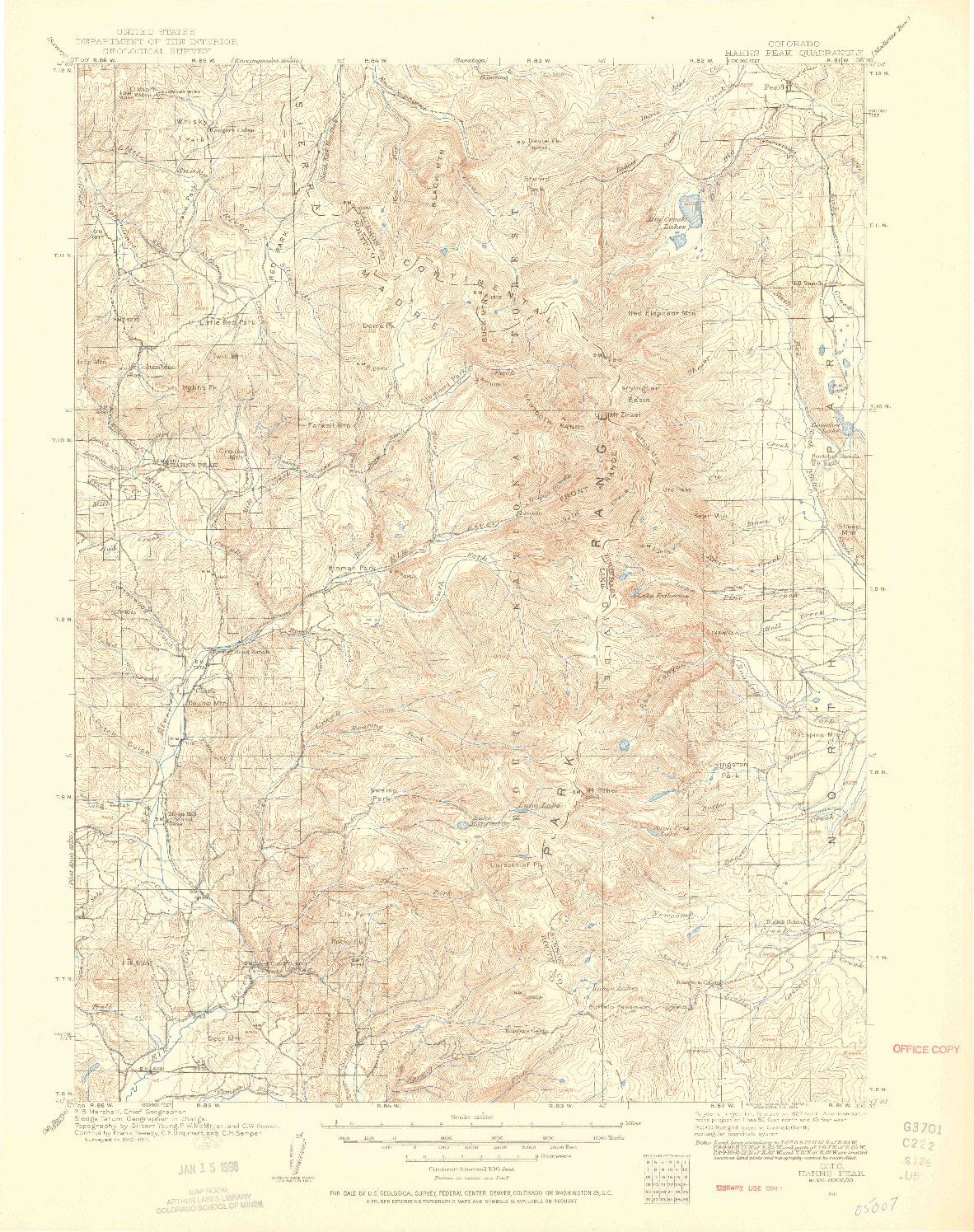 USGS 1:125000-SCALE QUADRANGLE FOR HAHNS PEAK, CO 1911