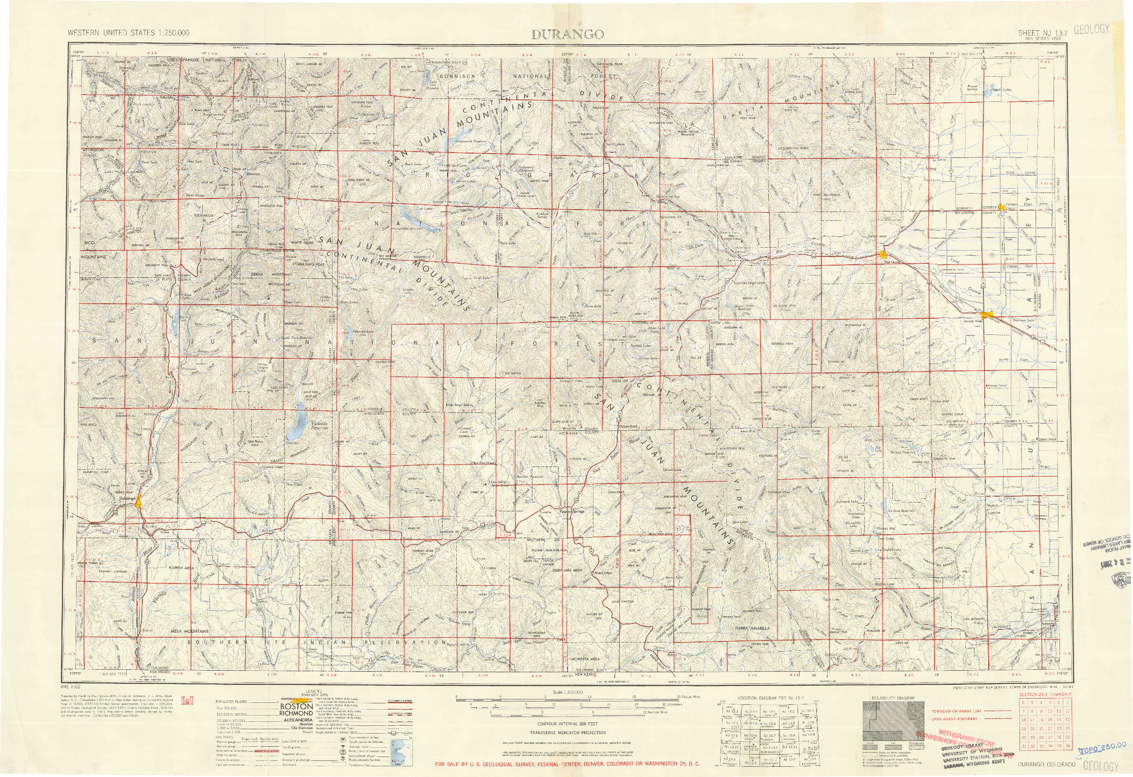 USGS 1:250000-SCALE QUADRANGLE FOR DURANGO, CO 1954