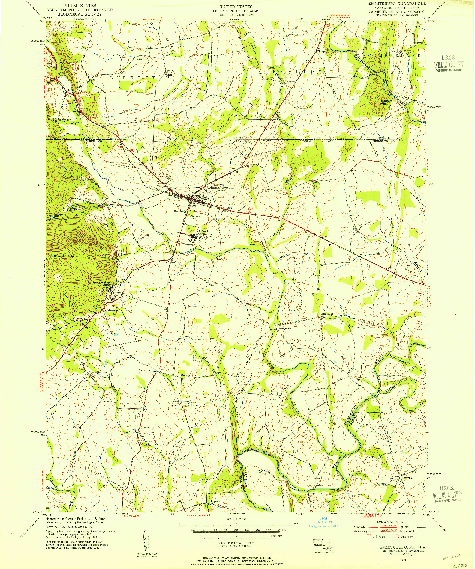 USGS 1:24000-SCALE QUADRANGLE FOR EMMITSBURG, MD 1953