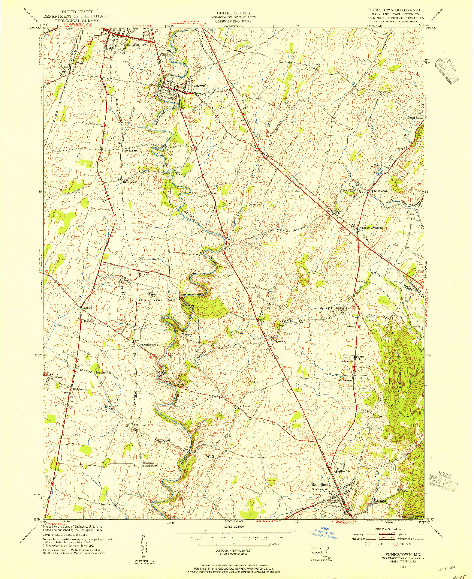 USGS 1:24000-SCALE QUADRANGLE FOR FUNKSTOWN, MD 1953