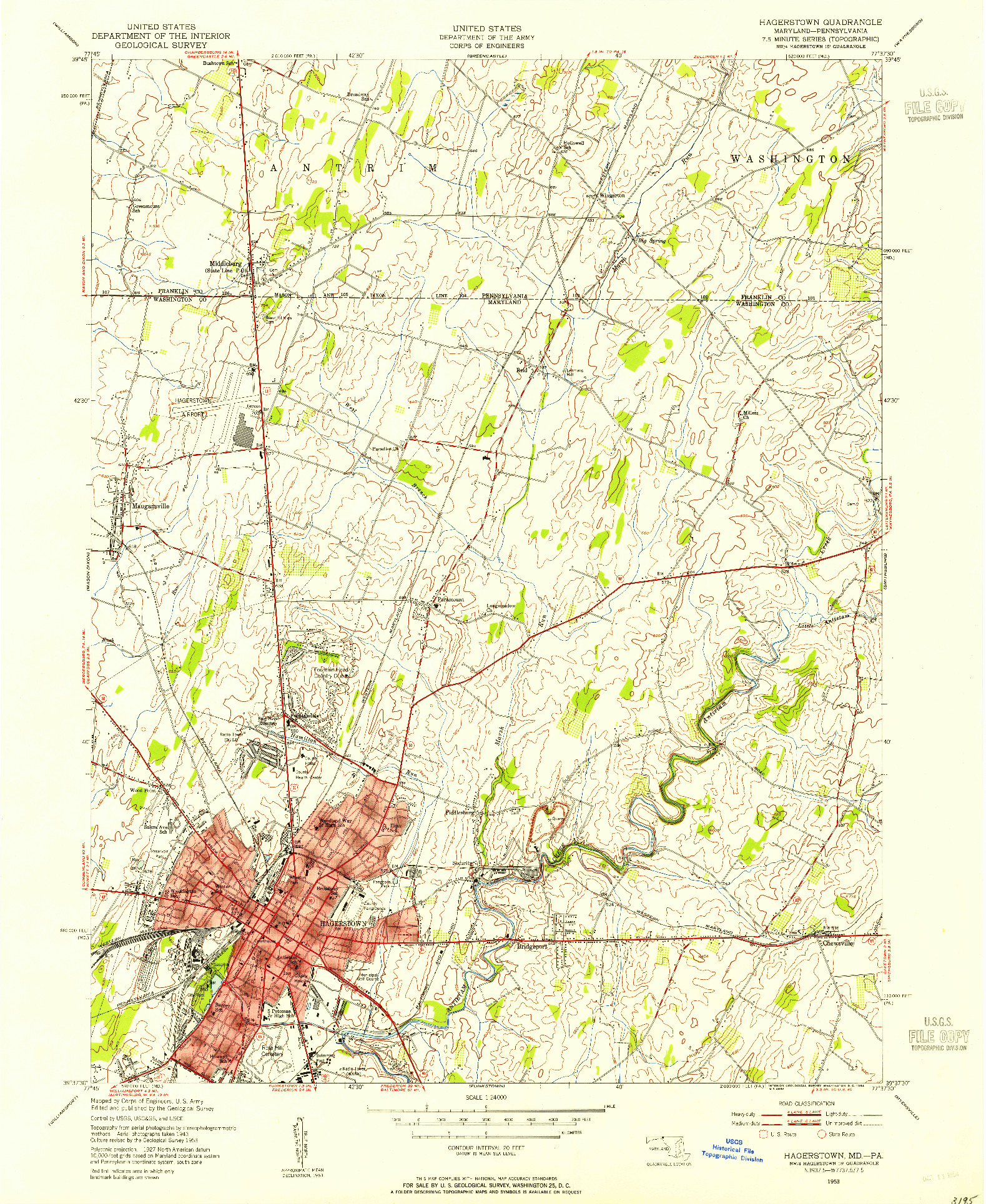 USGS 1:24000-SCALE QUADRANGLE FOR HAGERSTOWN, MD 1953