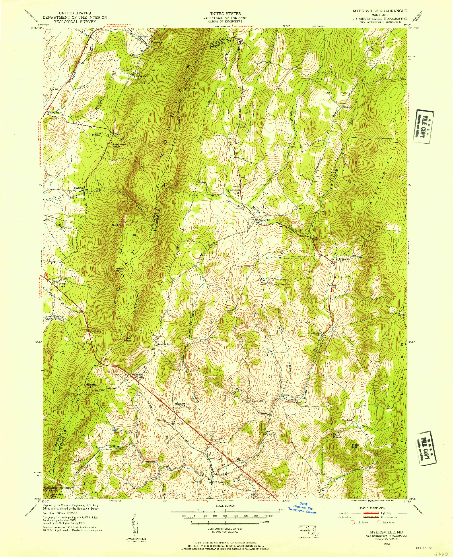 USGS 1:24000-SCALE QUADRANGLE FOR MYERSVILLE, MD 1953