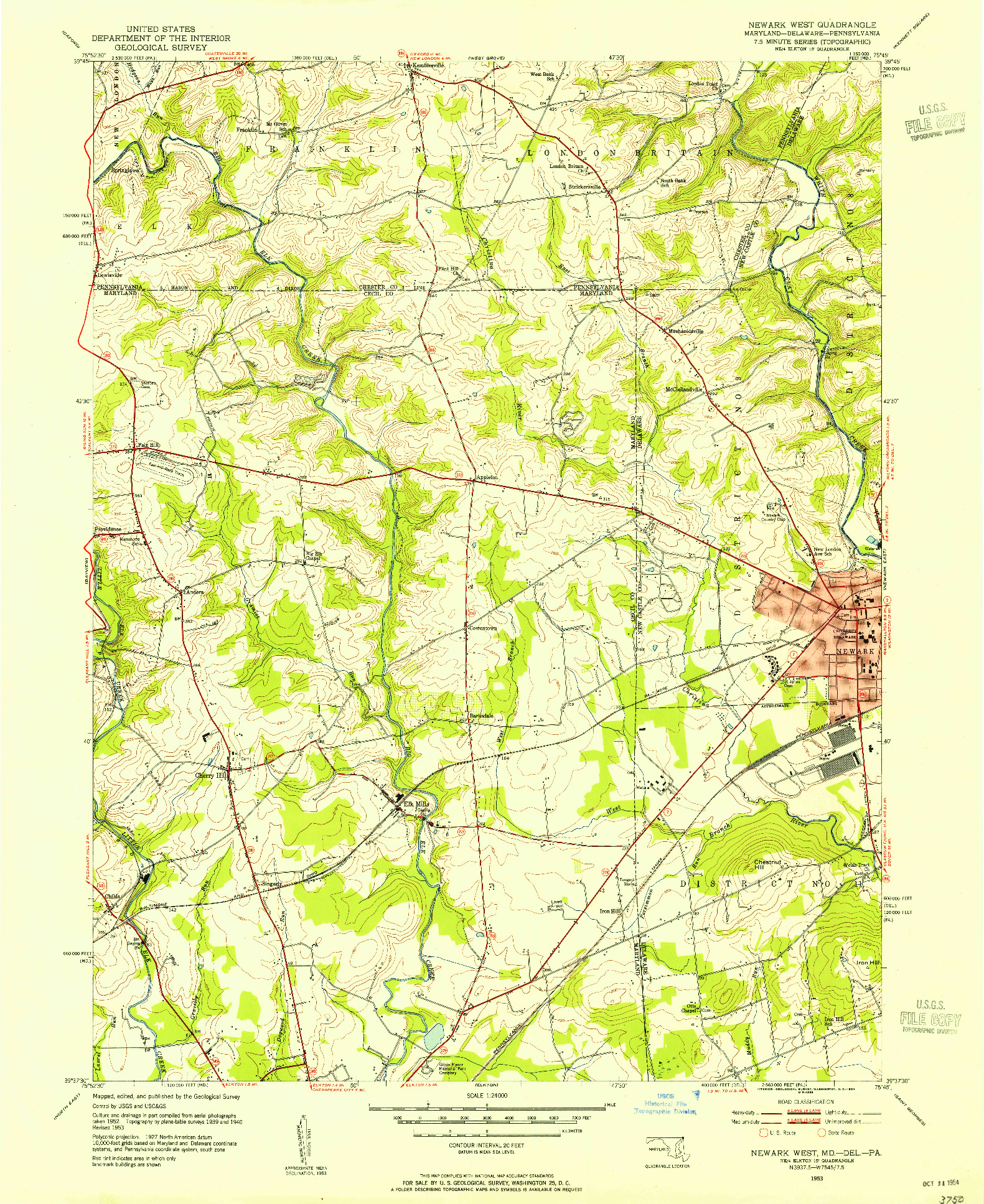 USGS 1:24000-SCALE QUADRANGLE FOR NEWARK WEST, MD 1953