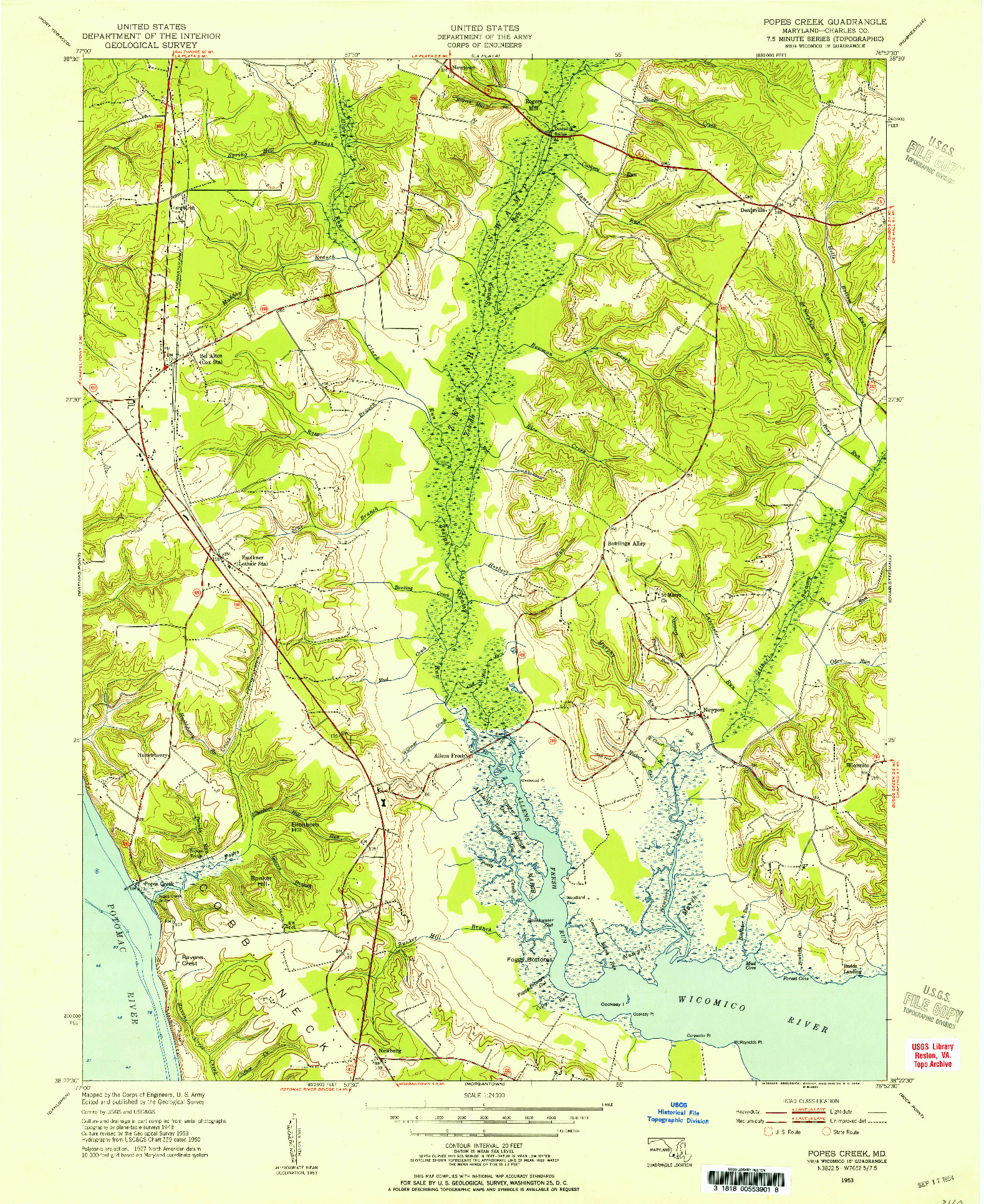 USGS 1:24000-SCALE QUADRANGLE FOR POPES CREEK, MD 1953