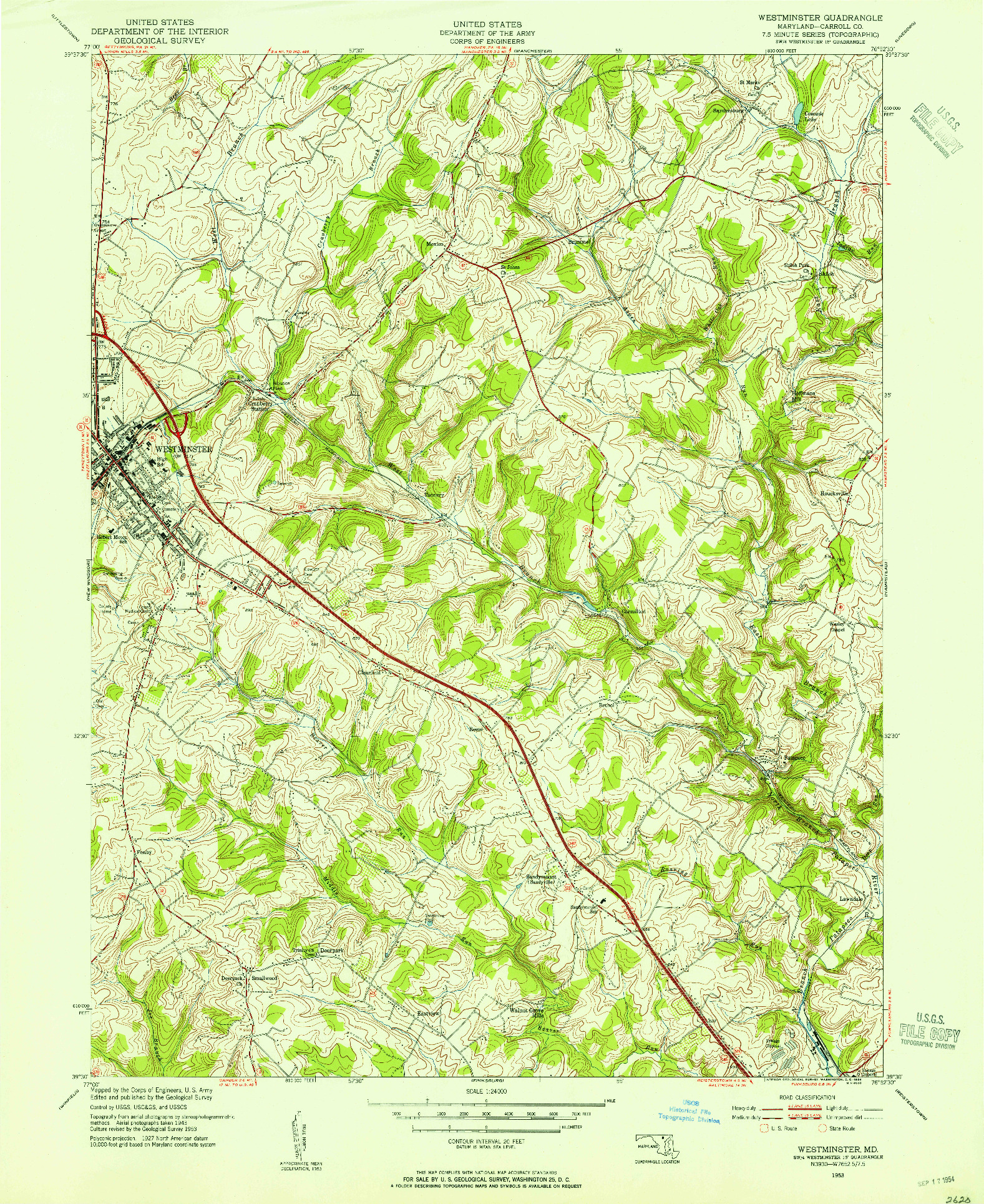 USGS 1:24000-SCALE QUADRANGLE FOR WESTMINSTER, MD 1953