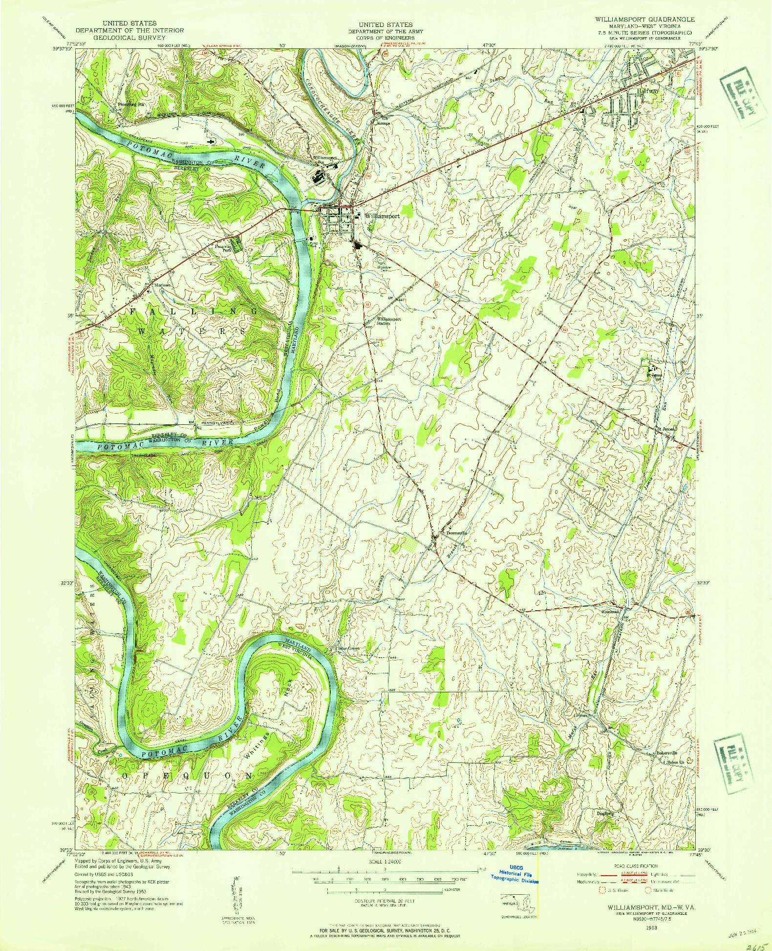 USGS 1:24000-SCALE QUADRANGLE FOR WILLIAMSPORT, MD 1953