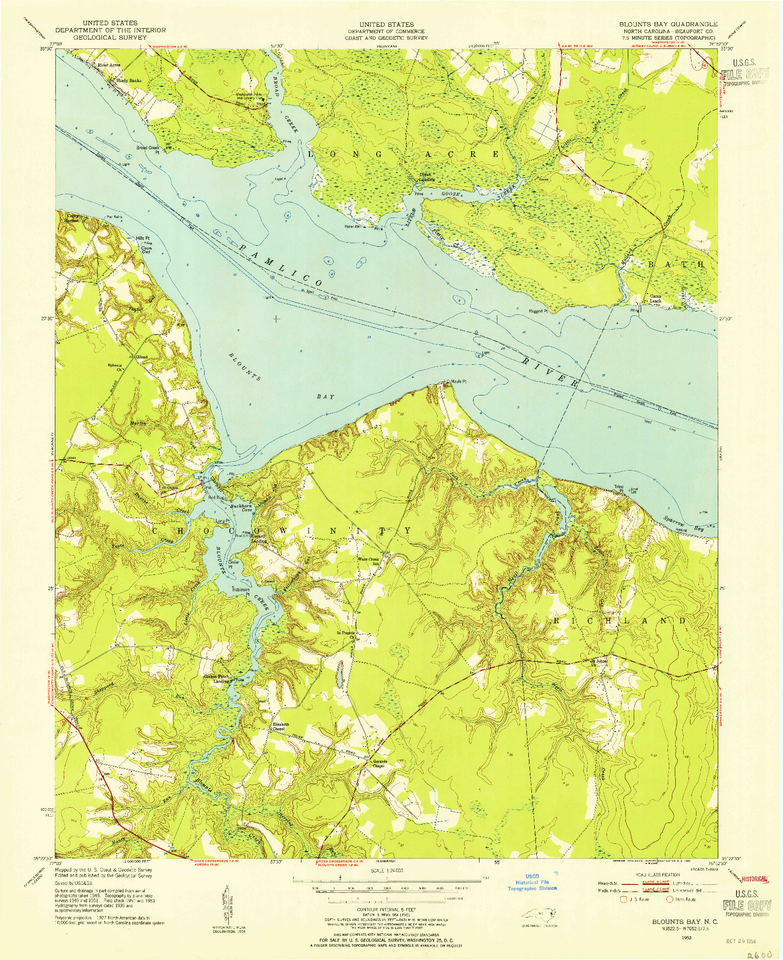 USGS 1:24000-SCALE QUADRANGLE FOR BLOUNTS BAY, NC 1953