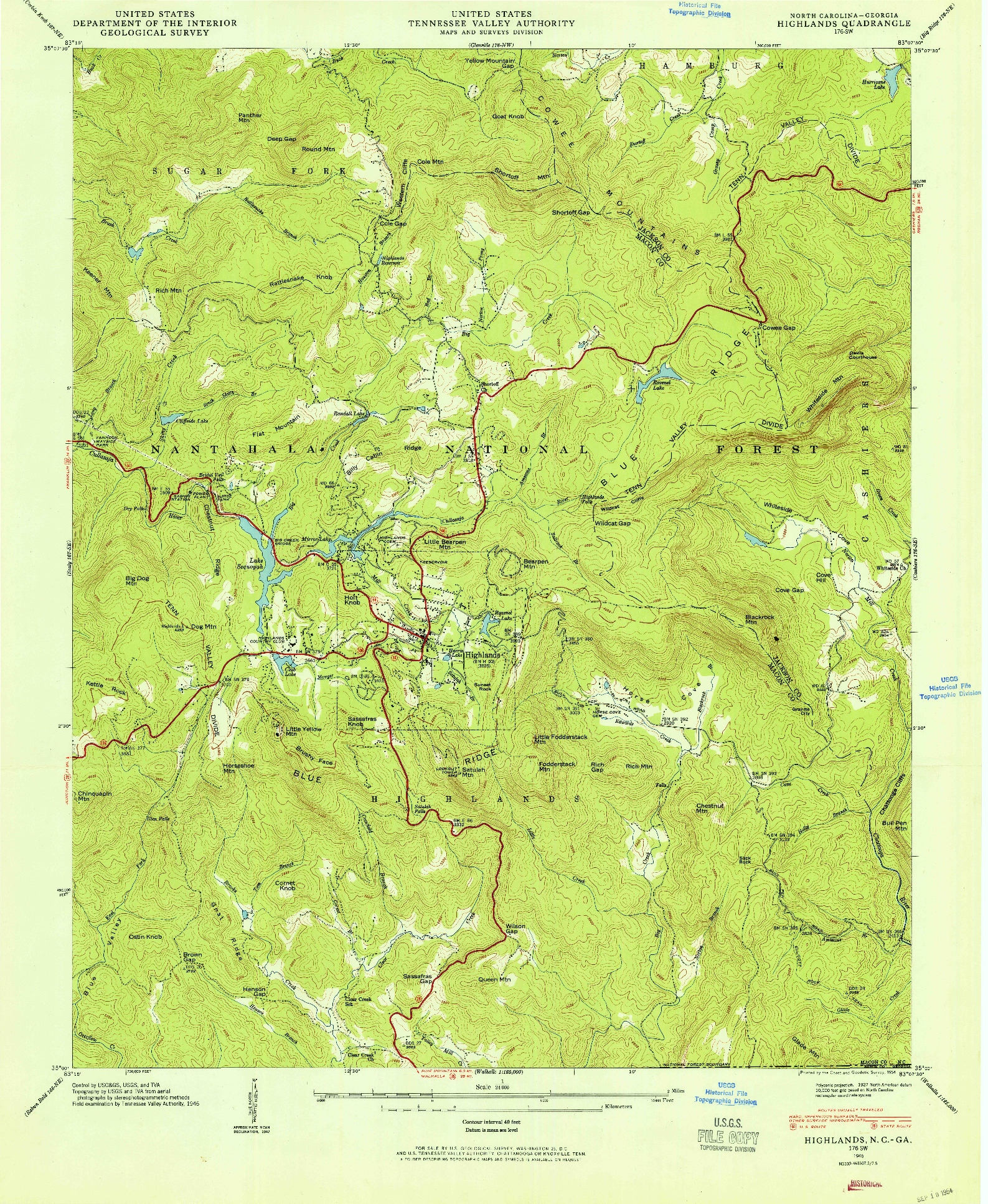 USGS 1:24000-SCALE QUADRANGLE FOR HIGHLANDS, NC 1946
