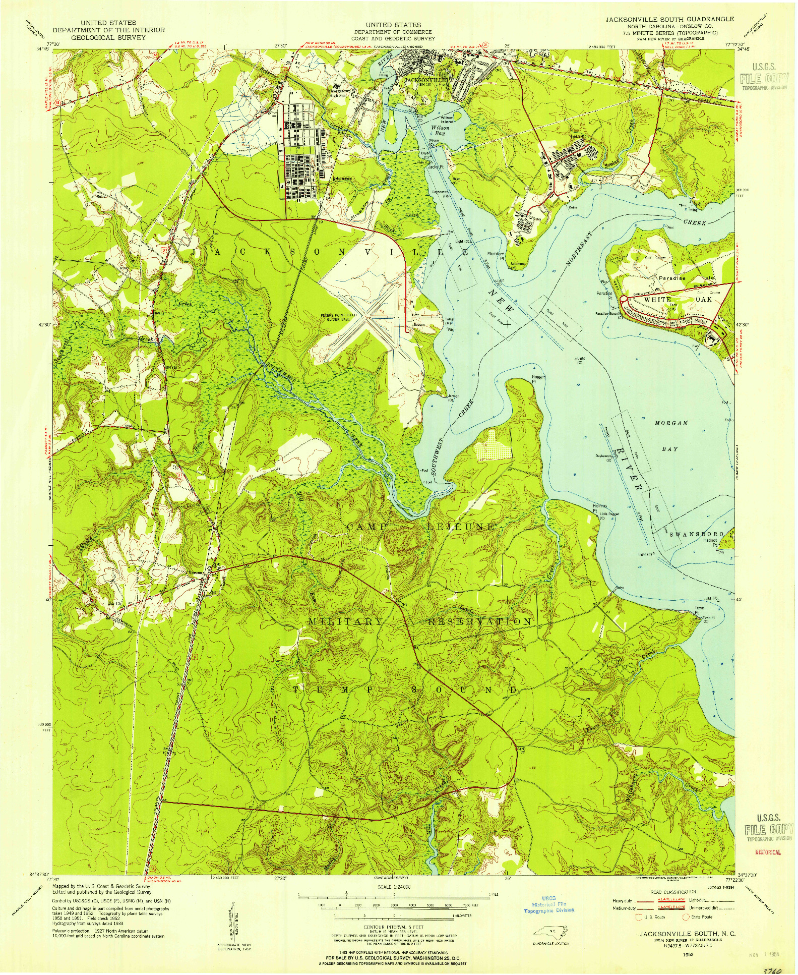 USGS 1:24000-SCALE QUADRANGLE FOR JACKSONVILLE SOUTH, NC 1952