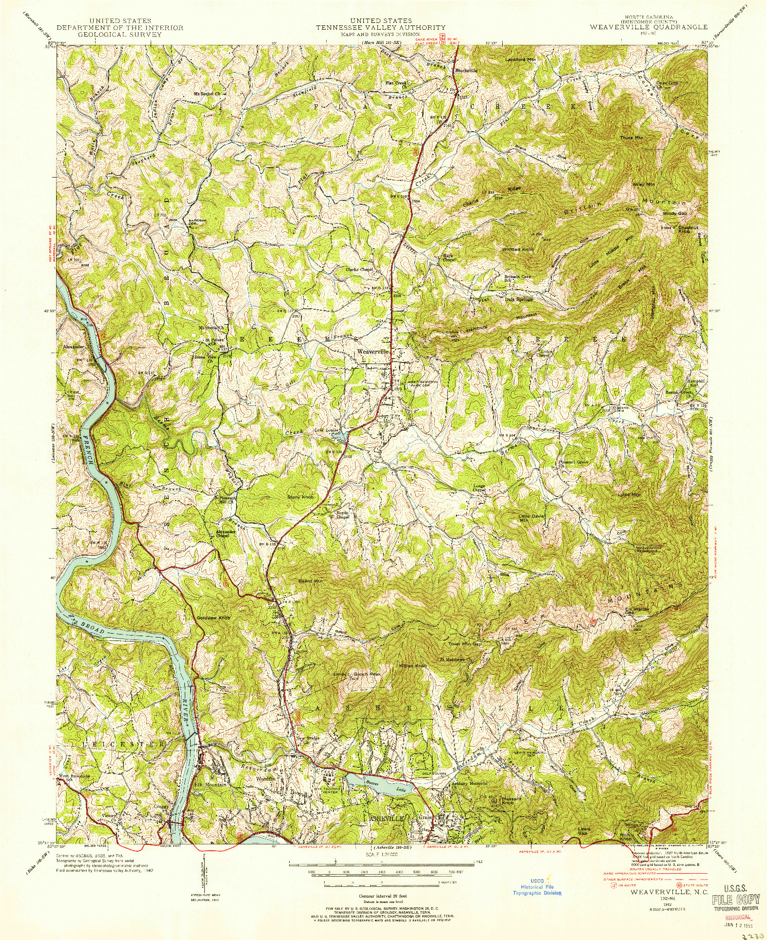 USGS 1:24000-SCALE QUADRANGLE FOR WEAVERVILLE, NC 1942