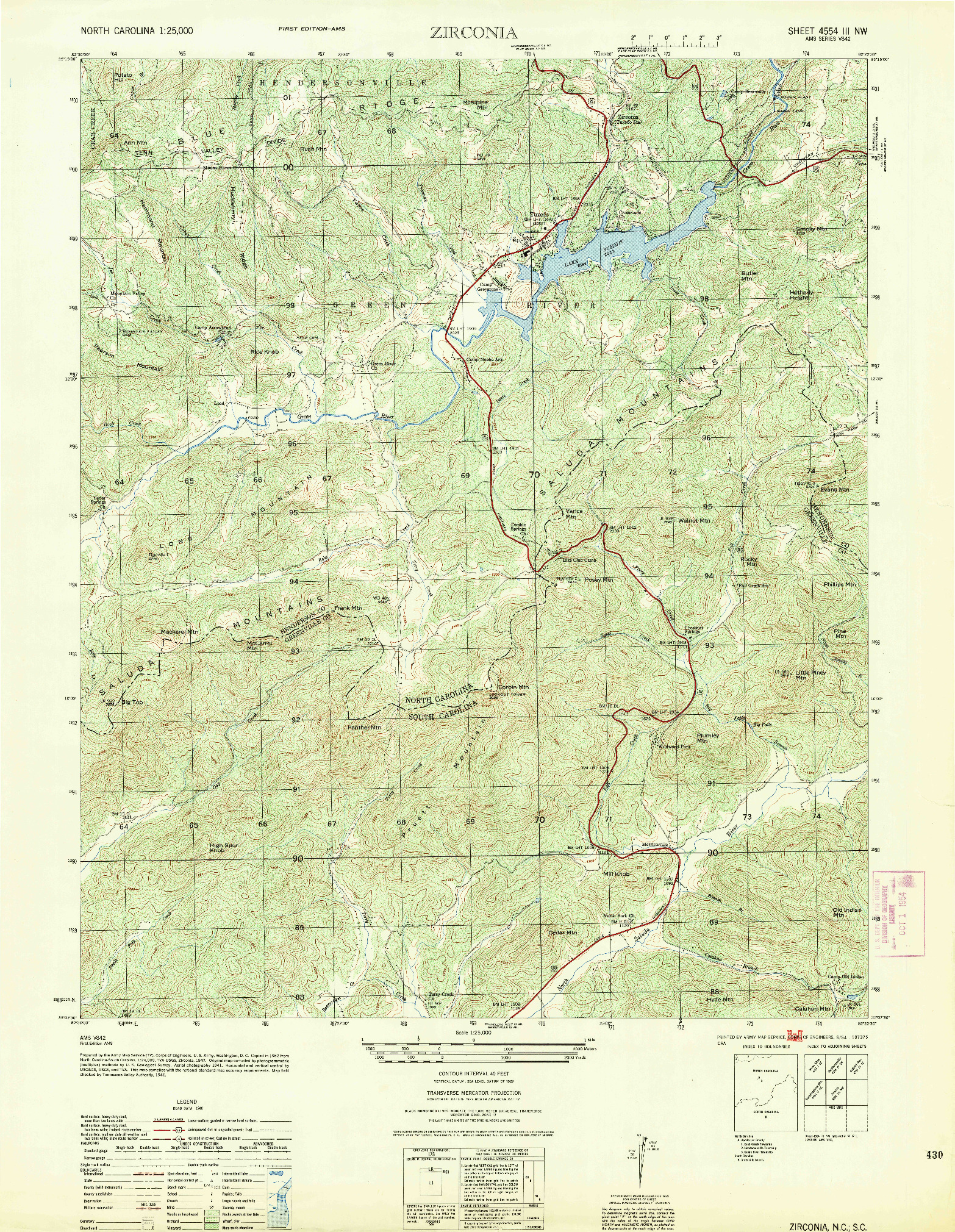 USGS 1:25000-SCALE QUADRANGLE FOR ZIRCONIA, NC 1954