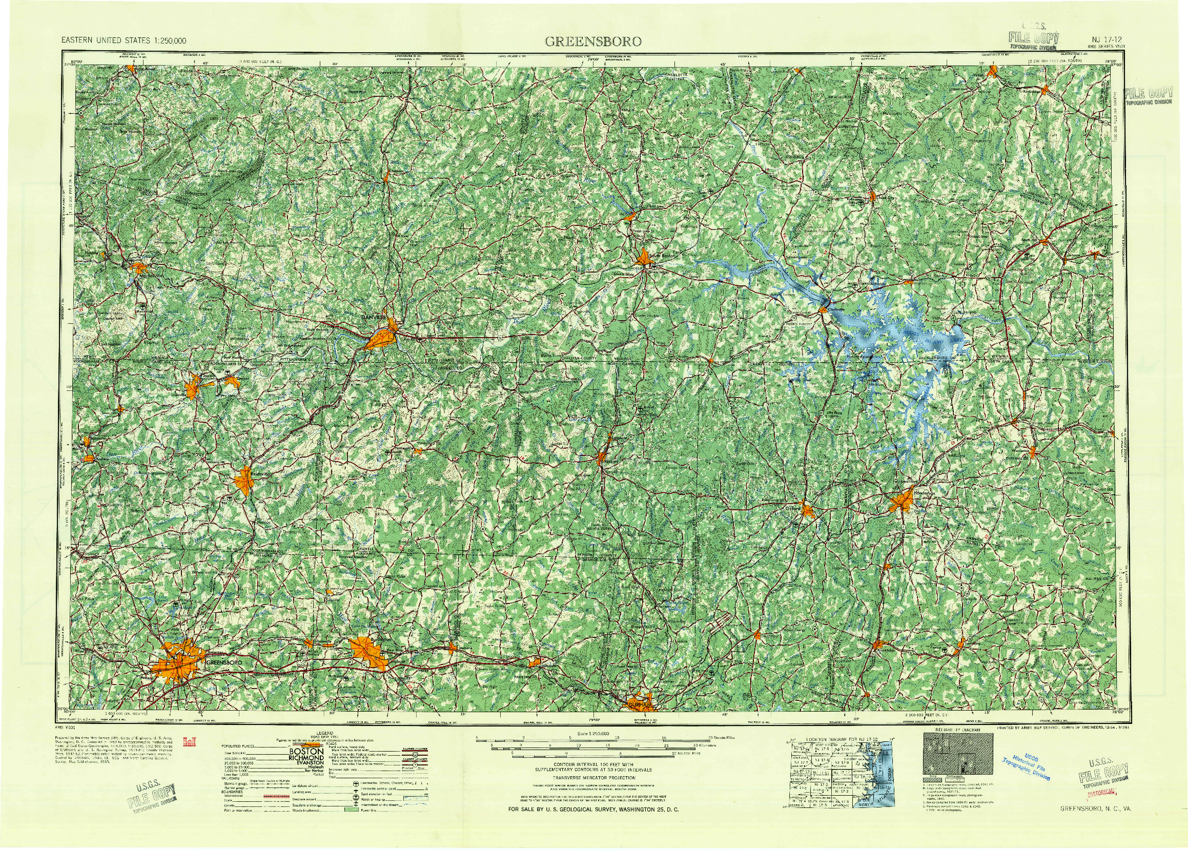 USGS 1:250000-SCALE QUADRANGLE FOR GREENSBORO, NC 1954