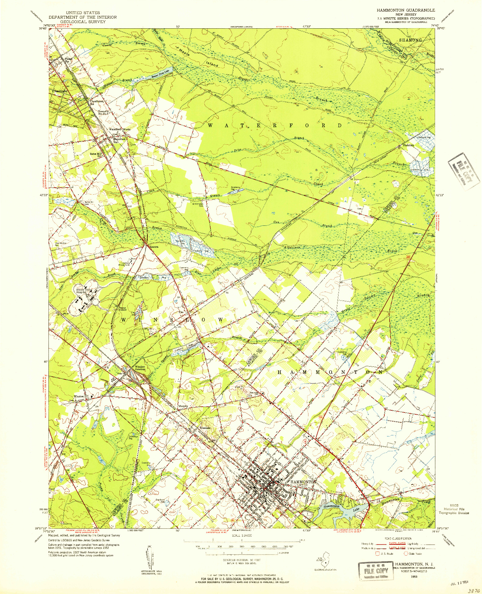 USGS 1:24000-SCALE QUADRANGLE FOR HAMMONTON, NJ 1953