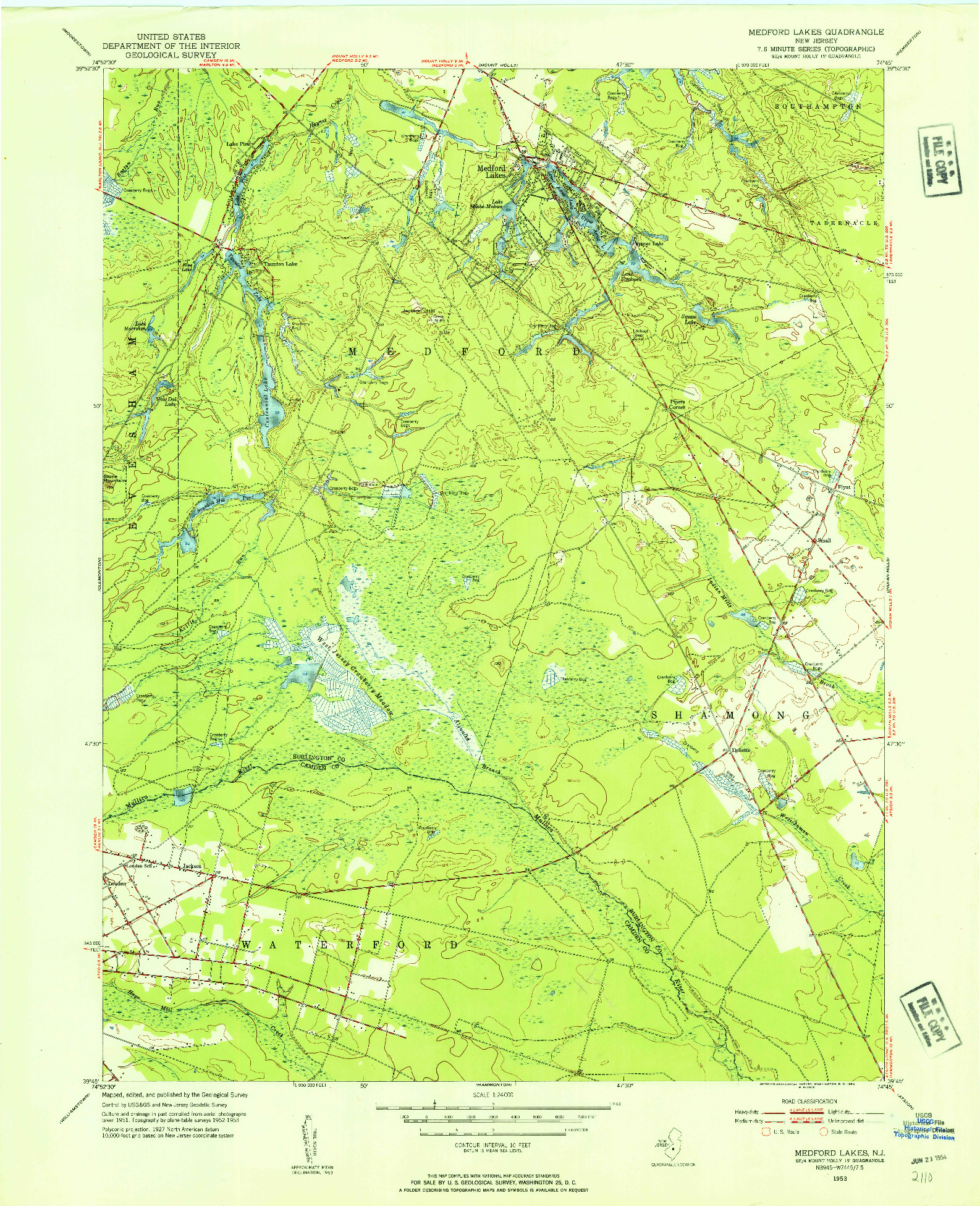 USGS 1:24000-SCALE QUADRANGLE FOR MEDFORD LAKES, NJ 1953