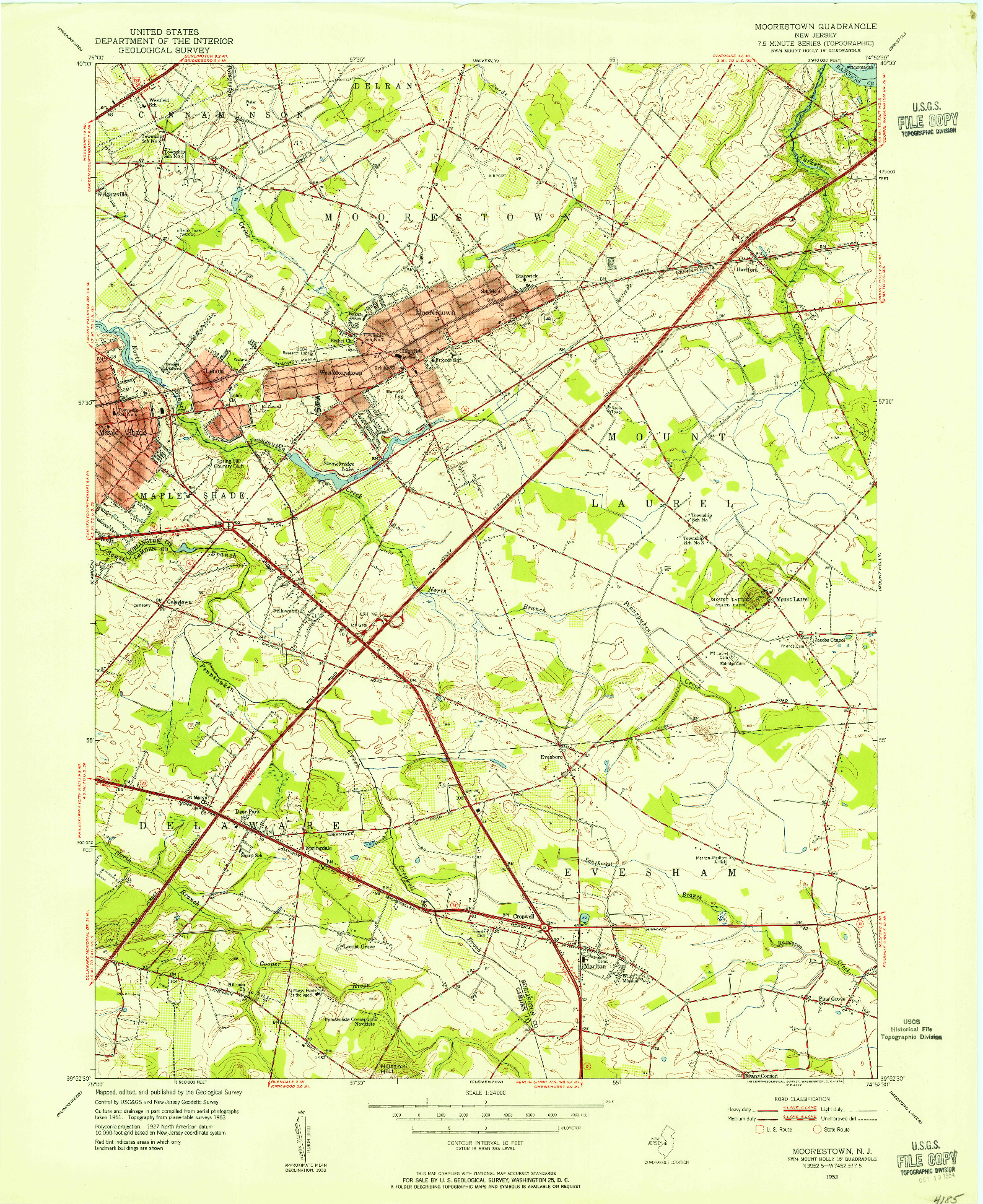 USGS 1:24000-SCALE QUADRANGLE FOR MOORESTOWN, NJ 1953