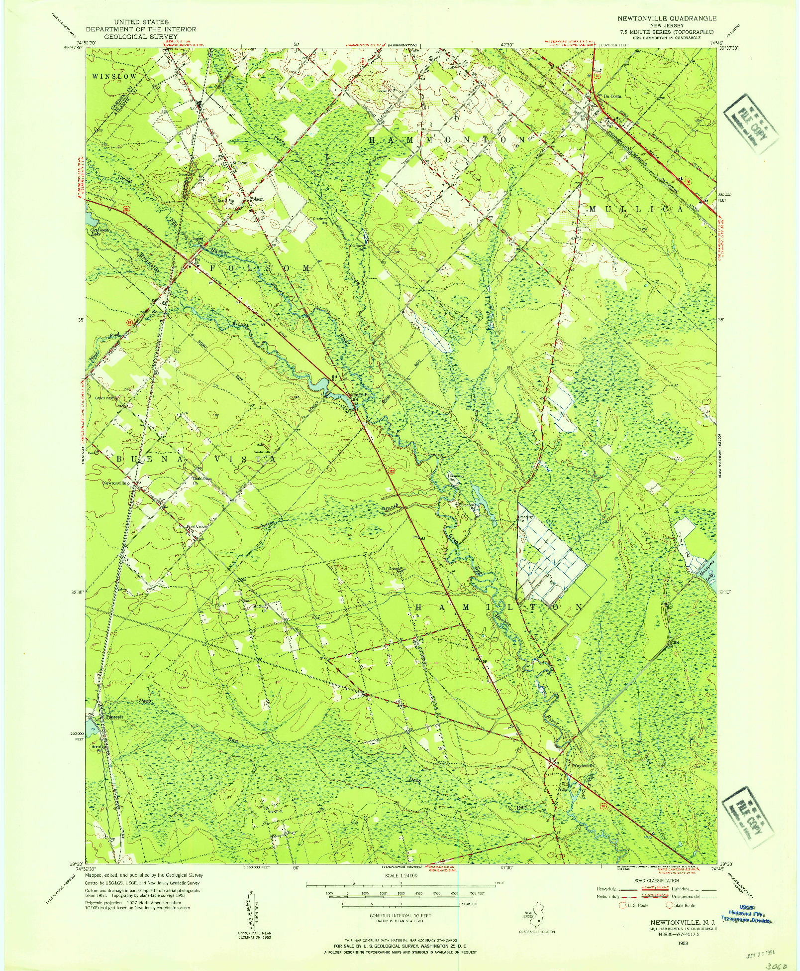 USGS 1:24000-SCALE QUADRANGLE FOR NEWTONVILLE, NJ 1953