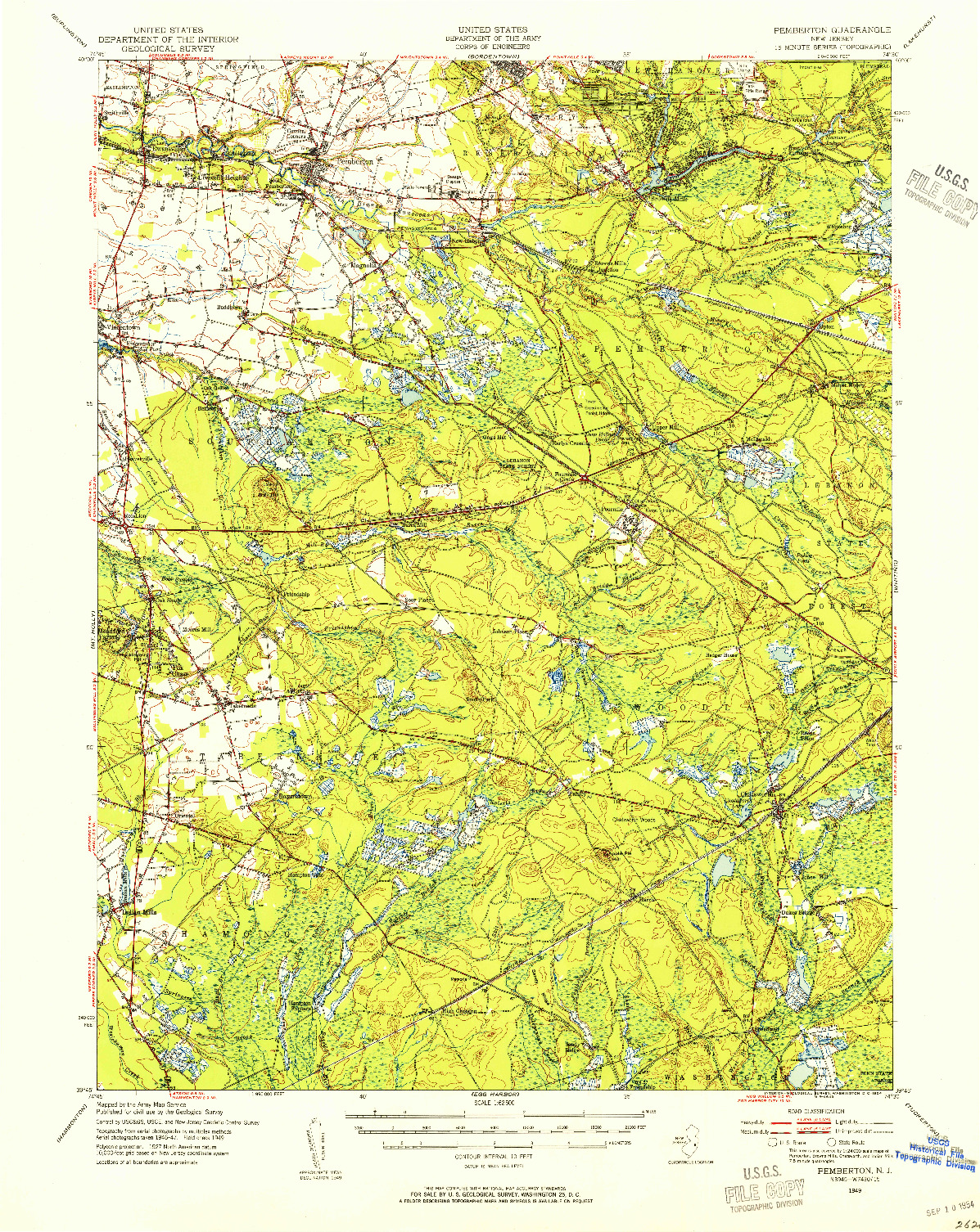 USGS 1:62500-SCALE QUADRANGLE FOR PEMBERTON, NJ 1949