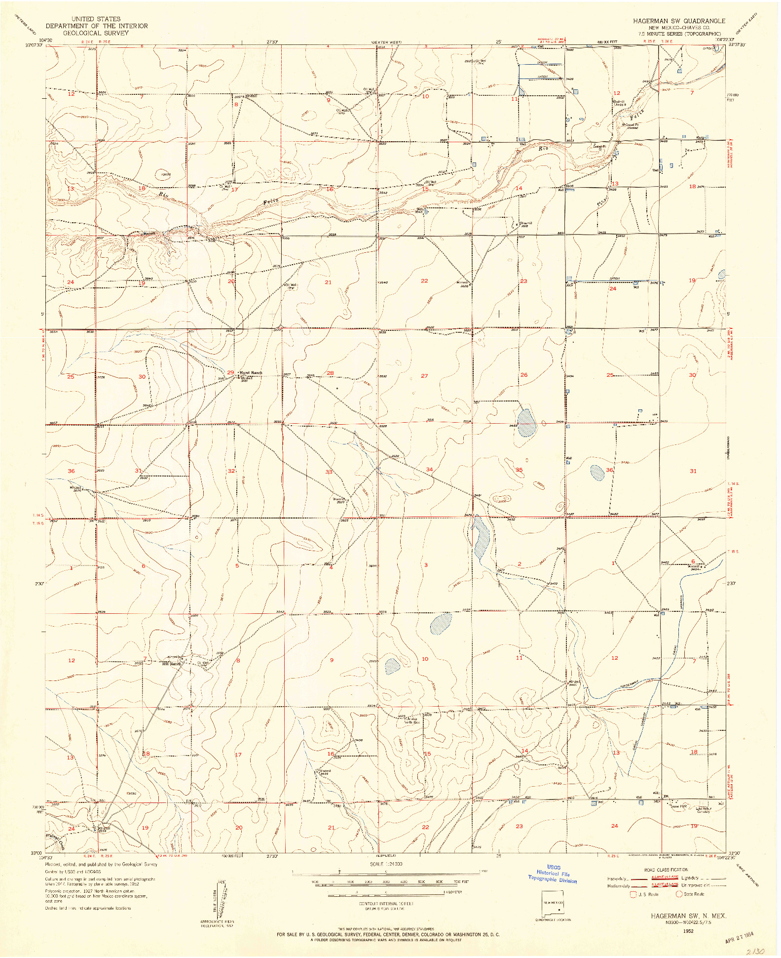 USGS 1:24000-SCALE QUADRANGLE FOR HAGERMAN SW, NM 1952