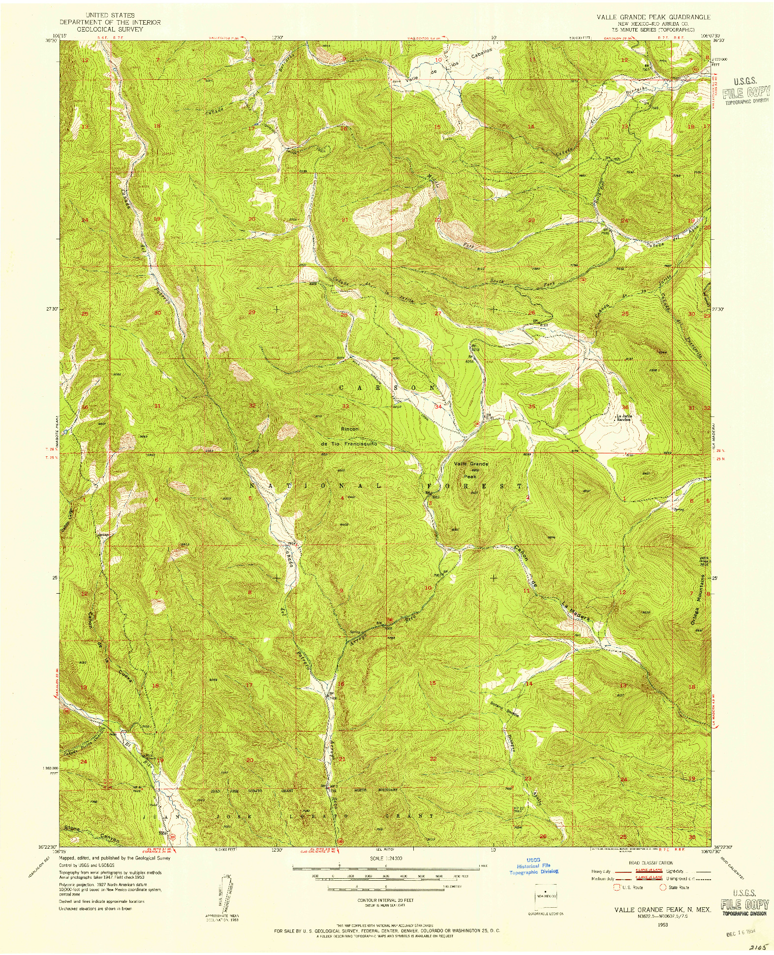 USGS 1:24000-SCALE QUADRANGLE FOR VALLE GRANDE PEAK, NM 1953