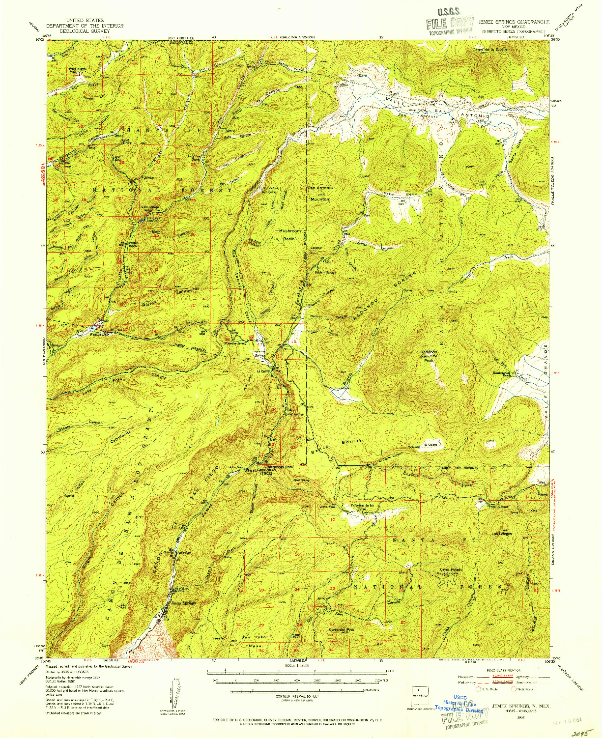 USGS 1:62500-SCALE QUADRANGLE FOR JEMEZ SPRINGS, NM 1952