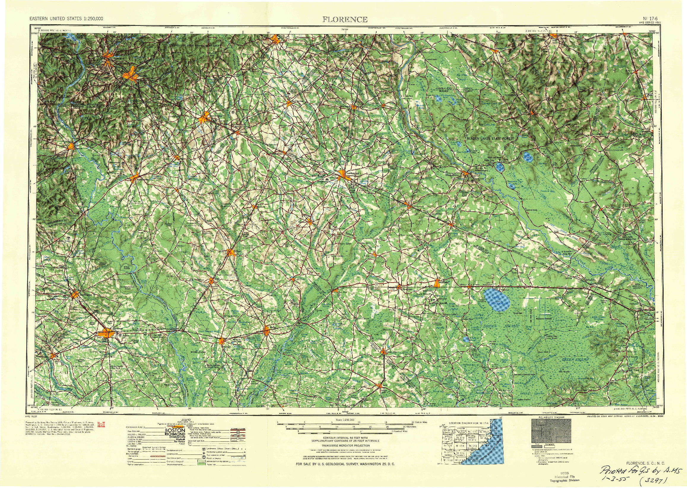 USGS 1:250000-SCALE QUADRANGLE FOR FLORENCE, SC 1954