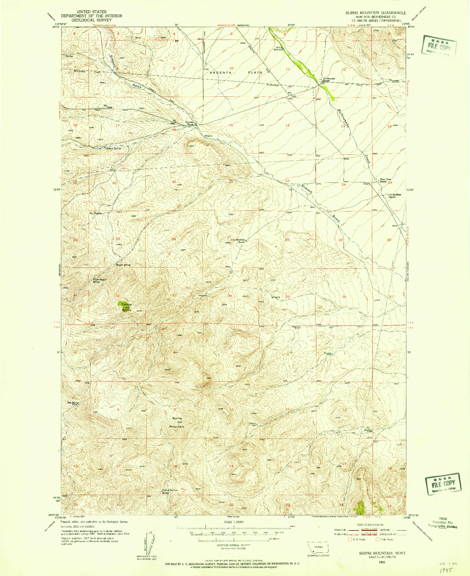 USGS 1:24000-SCALE QUADRANGLE FOR BURNS MOUNTAIN, MT 1952