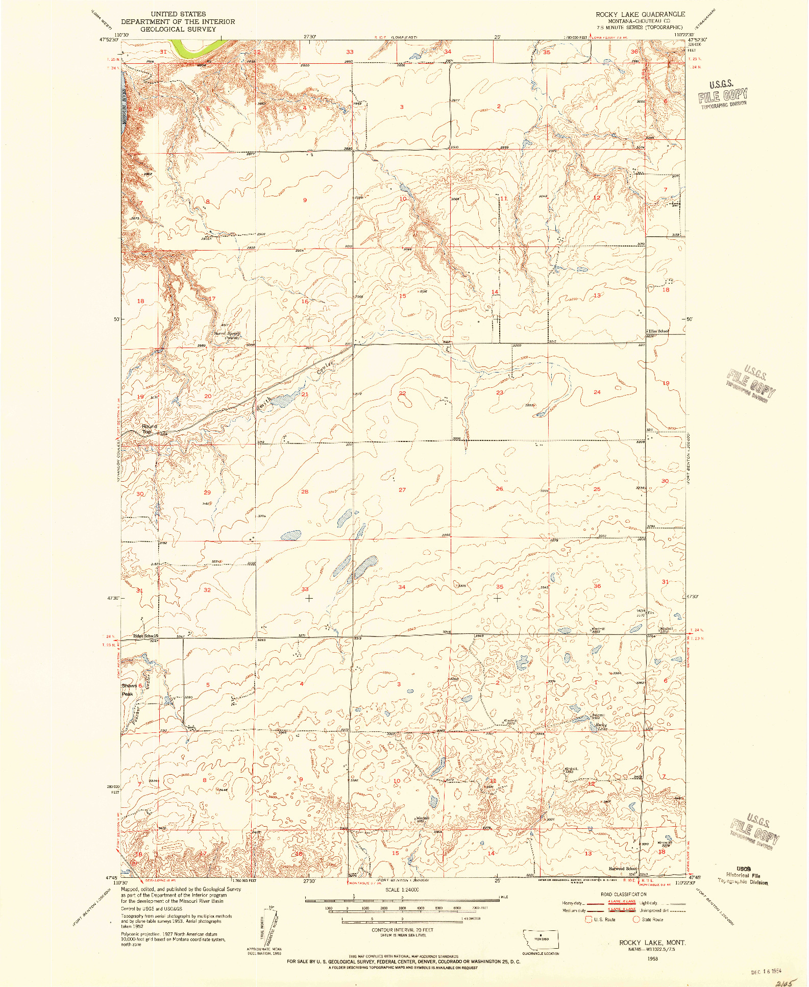 USGS 1:24000-SCALE QUADRANGLE FOR ROCKY LAKE, MT 1953