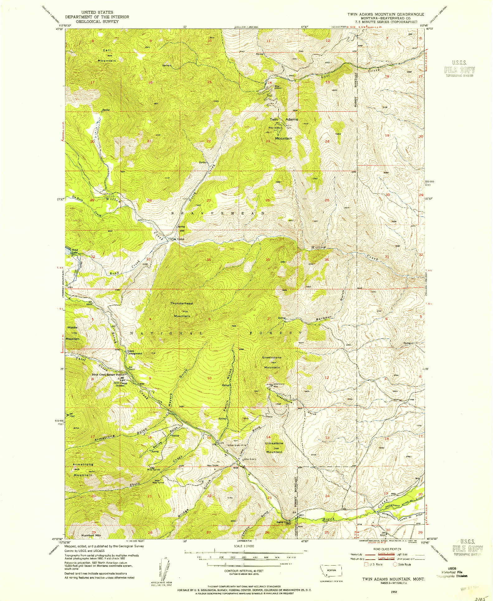 USGS 1:24000-SCALE QUADRANGLE FOR TWIN ADAMS MOUNTAIN, MT 1952