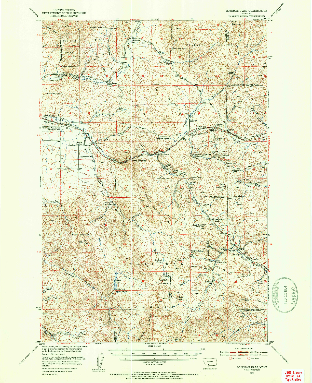 USGS 1:62500-SCALE QUADRANGLE FOR BOZEMAN PASS, MT 1951