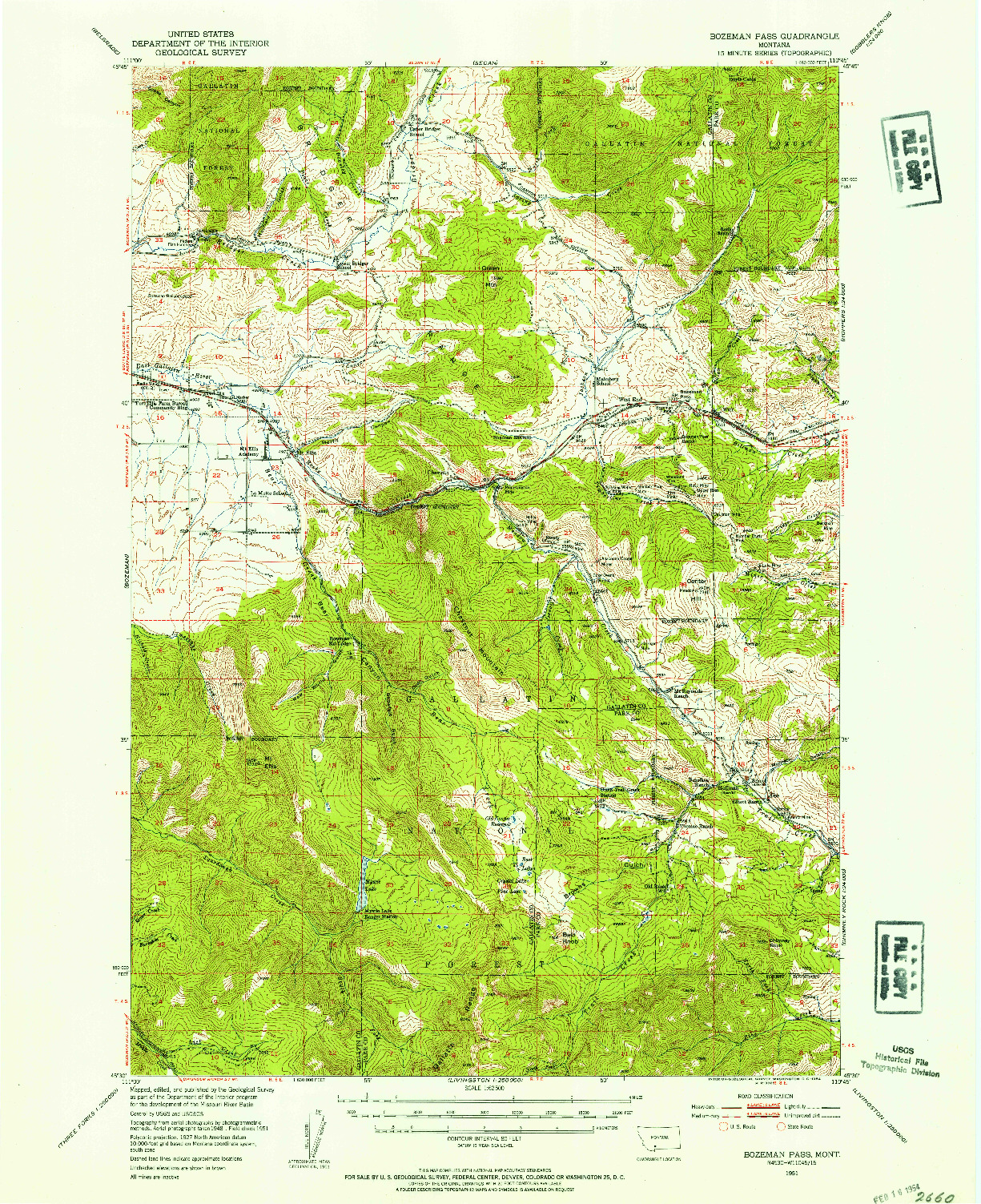 USGS 1:62500-SCALE QUADRANGLE FOR BOZEMAN PASS, MT 1951