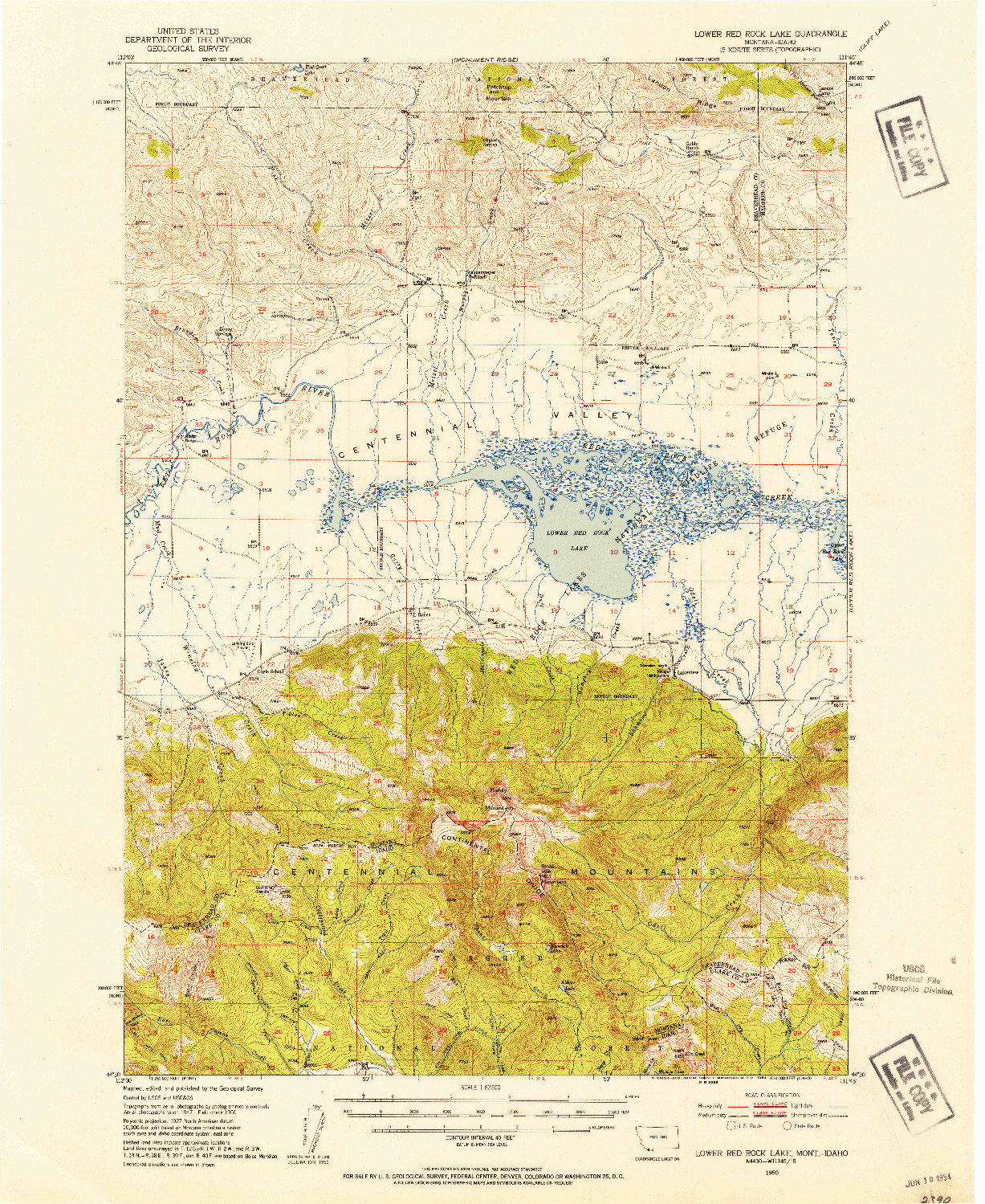 USGS 1:62500-SCALE QUADRANGLE FOR LOWER RED ROCK LAKE, MT 1950